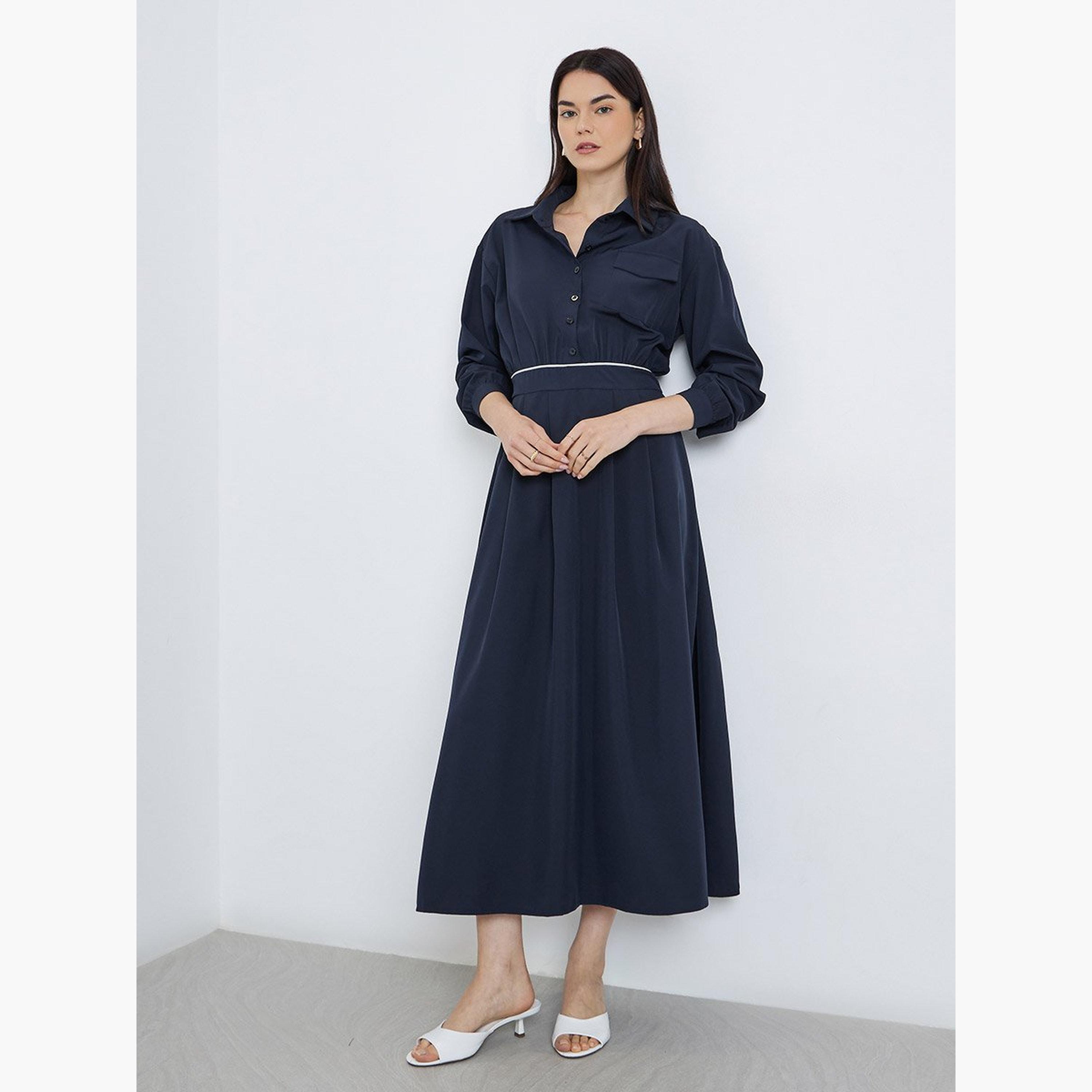 Take Two Solid Collared Shirt A-Line Midi Dress-women-clothing-dresses-image-3