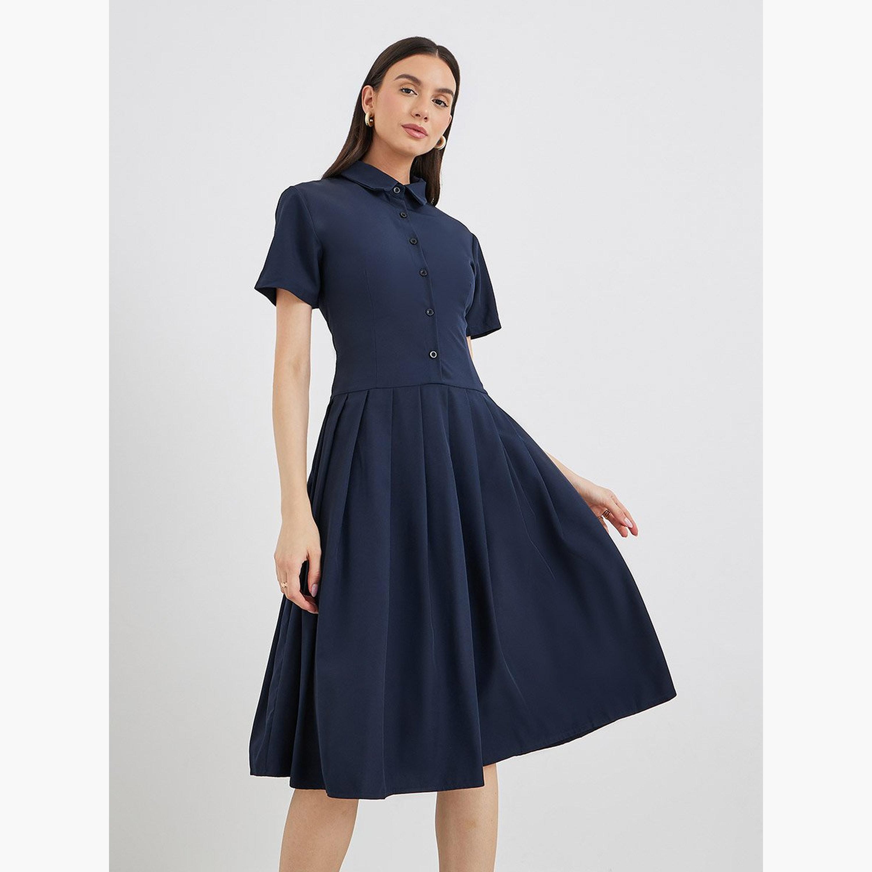 تيك تو - فستان بطول الركبة مطوي بأكمام قصيرة وياقة-women-clothing-dresses-image-1