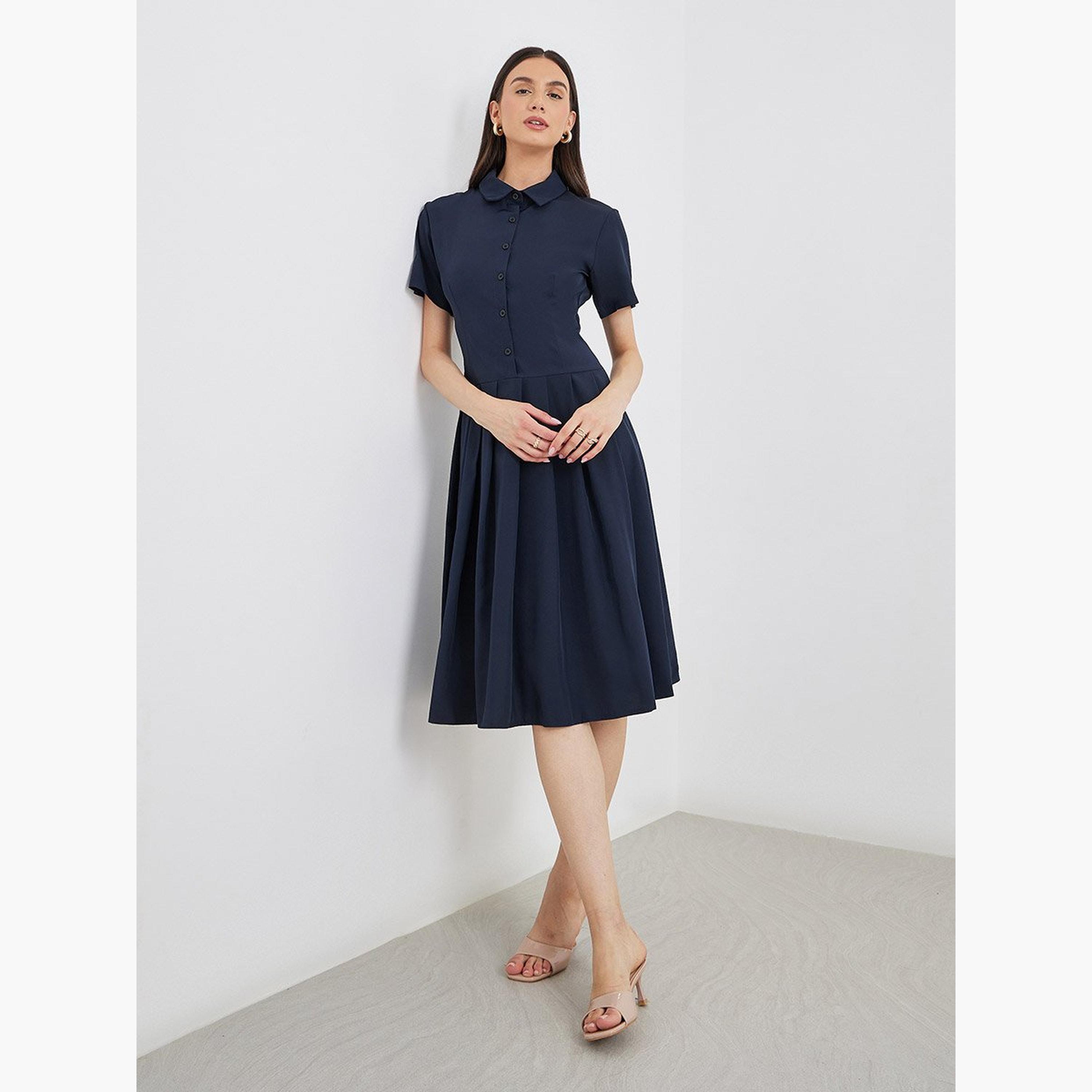 تيك تو - فستان بطول الركبة مطوي بأكمام قصيرة وياقة-women-clothing-dresses-image-2