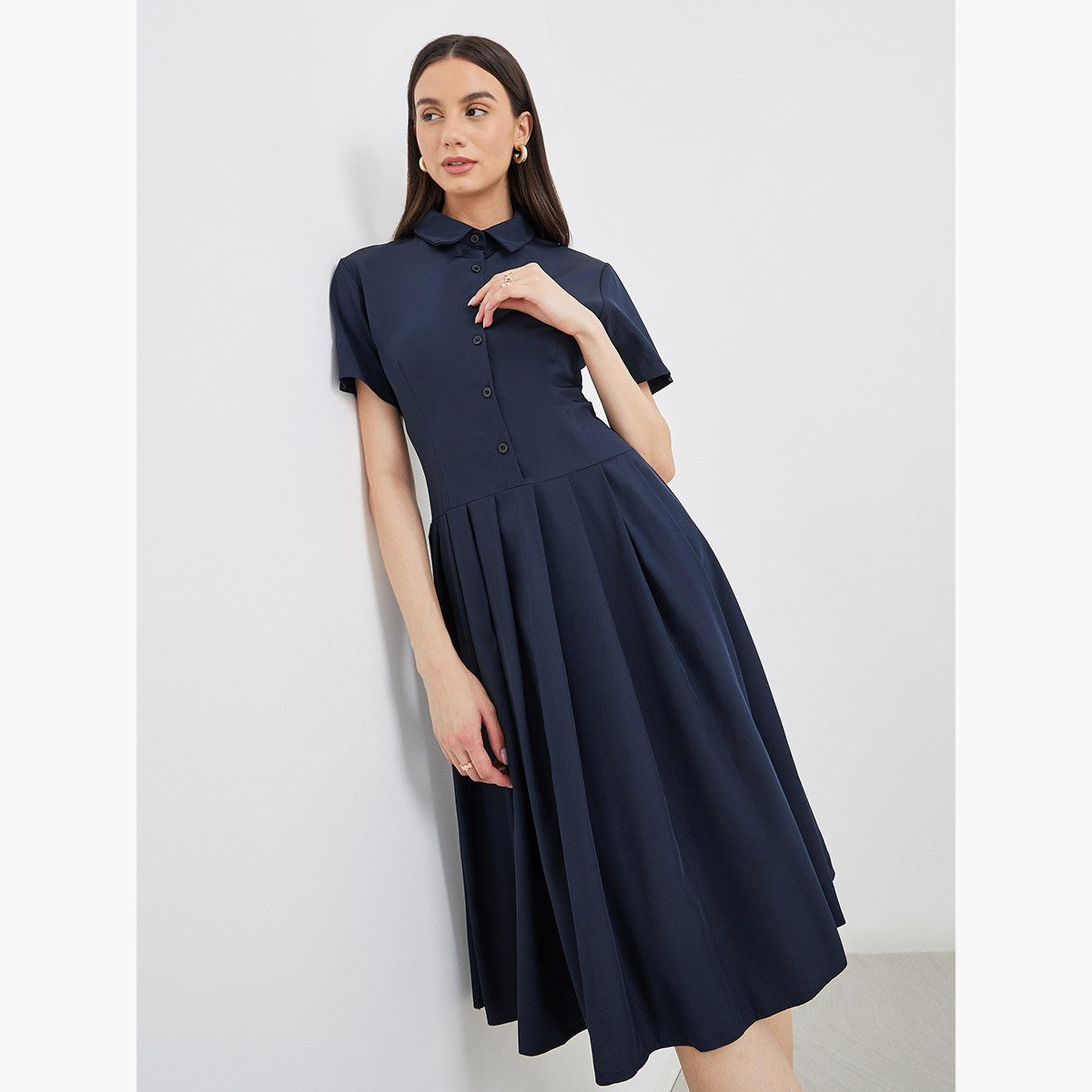 تيك تو - فستان بطول الركبة مطوي بأكمام قصيرة وياقة-women-clothing-dresses-image-3