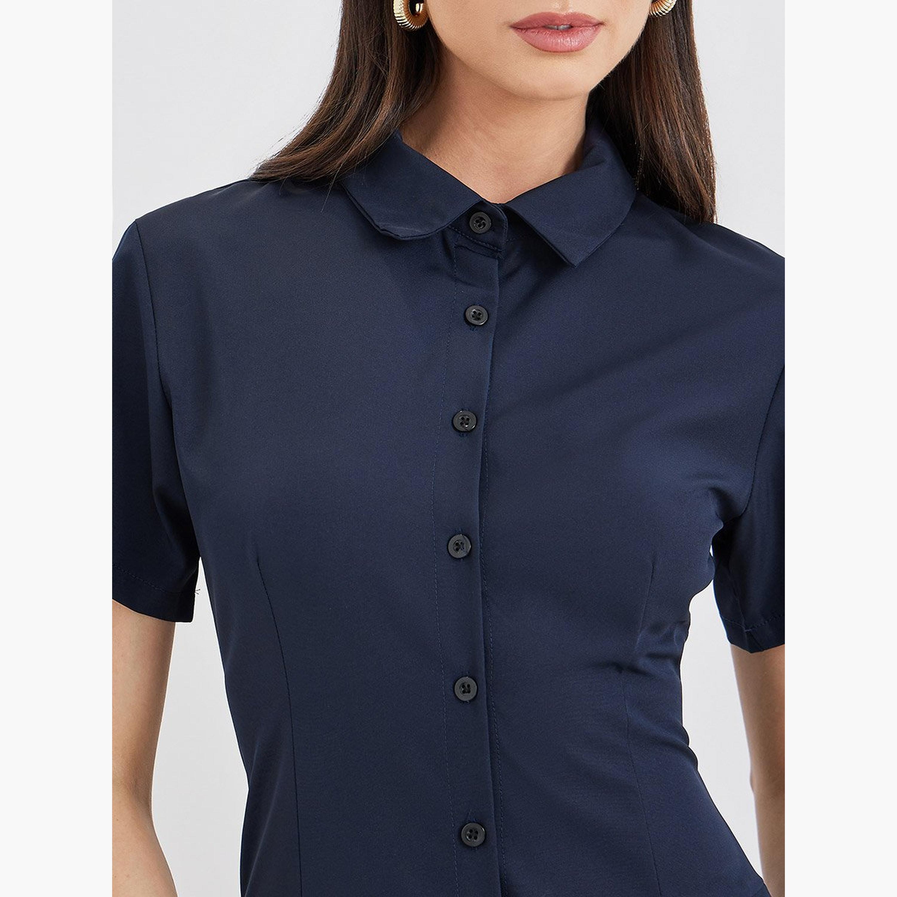 تيك تو - فستان بطول الركبة مطوي بأكمام قصيرة وياقة-women-clothing-dresses-image-4