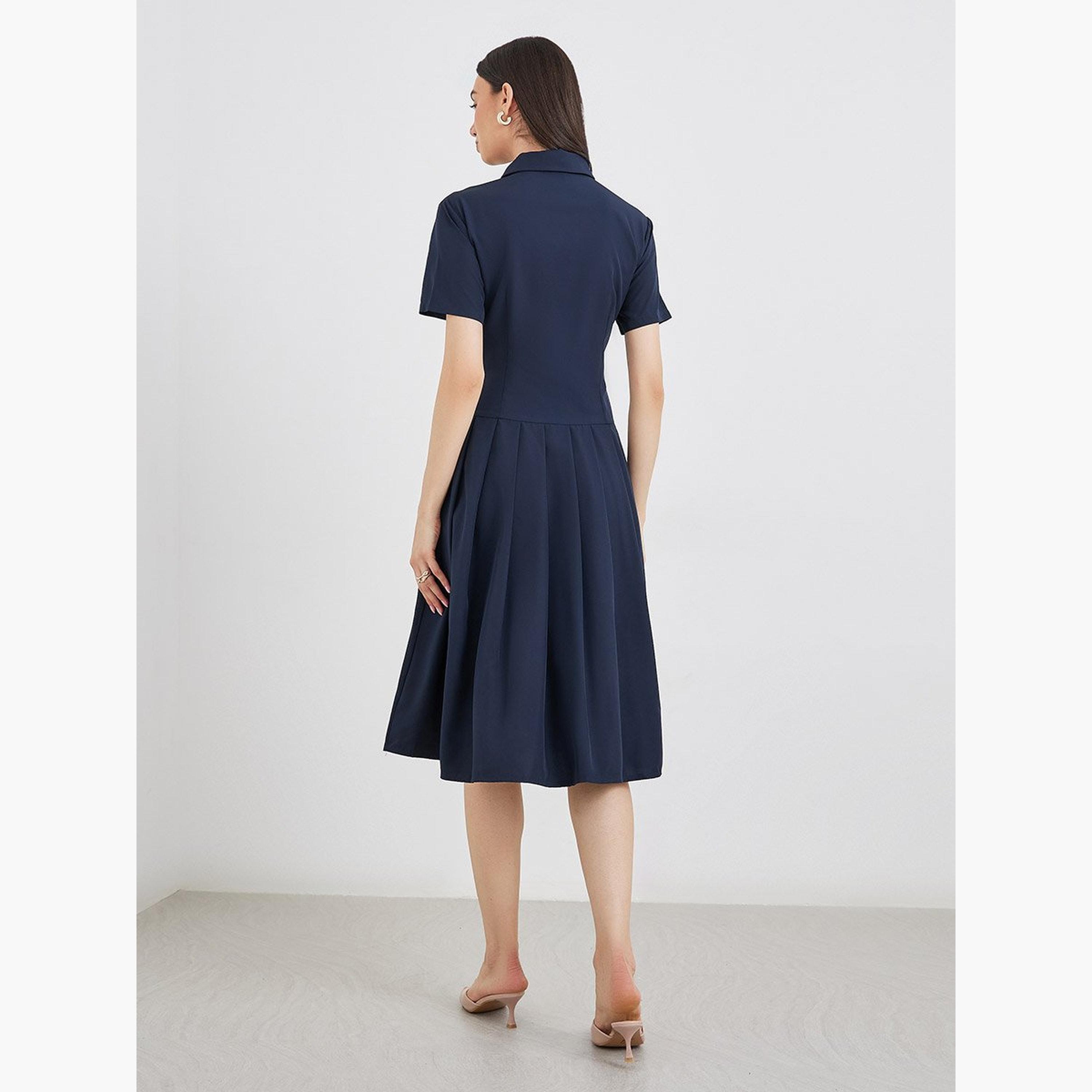 تيك تو - فستان بطول الركبة مطوي بأكمام قصيرة وياقة-women-clothing-dresses-image-5