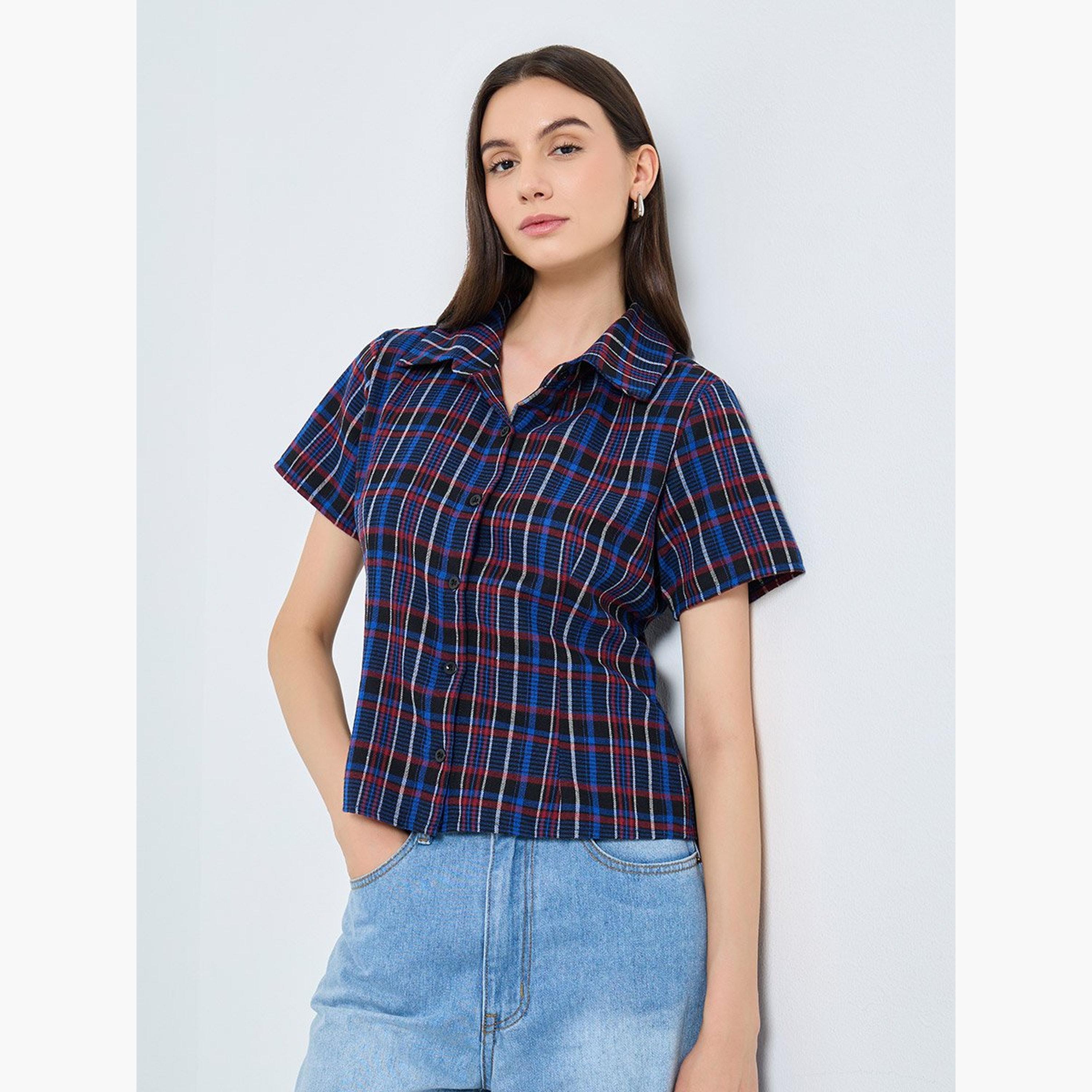 Take Two Checked Print Buttoned Spread Collar Shirt-women-clothing-shirtsandblouses-shirts-image-1