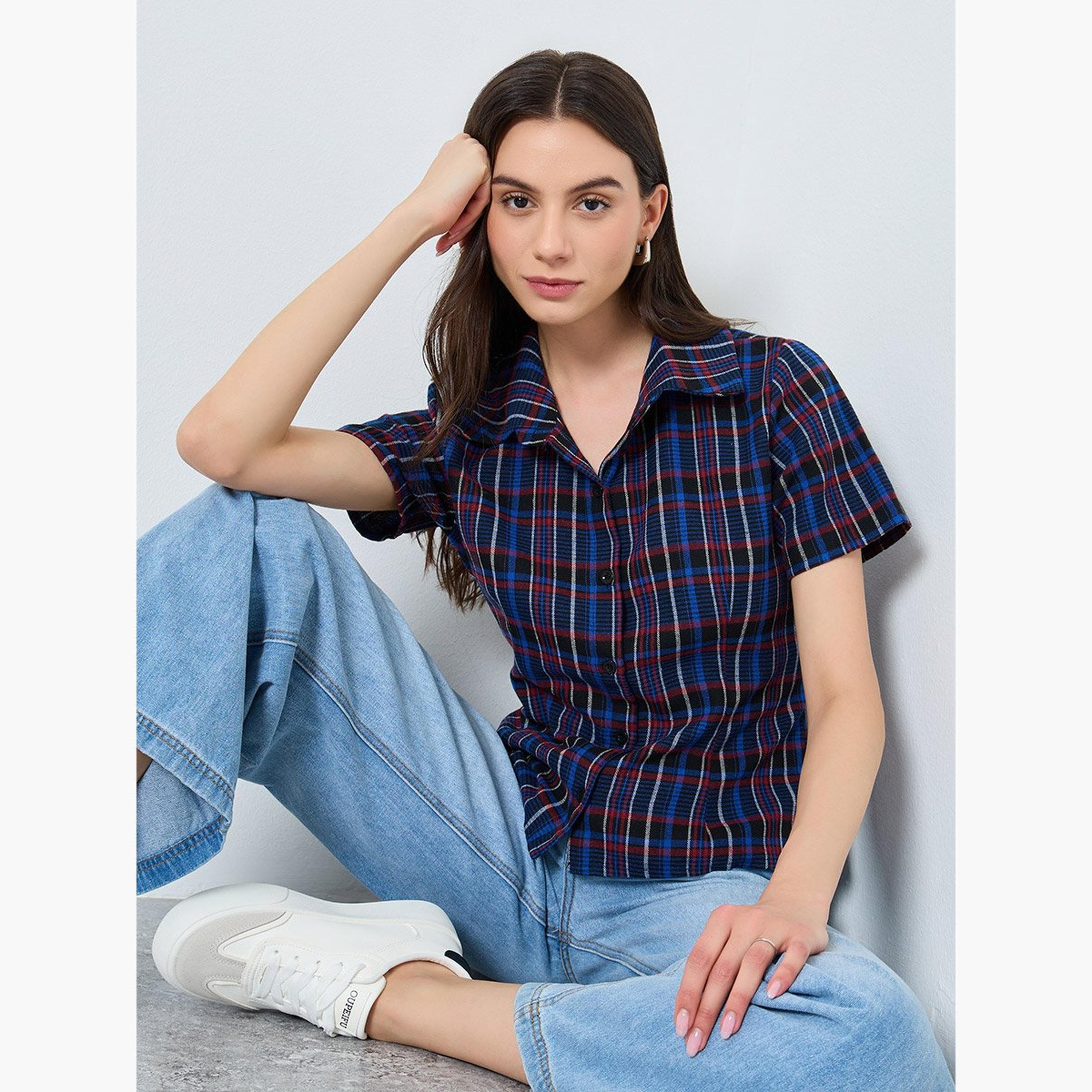 Take Two Checked Print Buttoned Spread Collar Shirt-women-clothing-shirtsandblouses-shirts-image-3