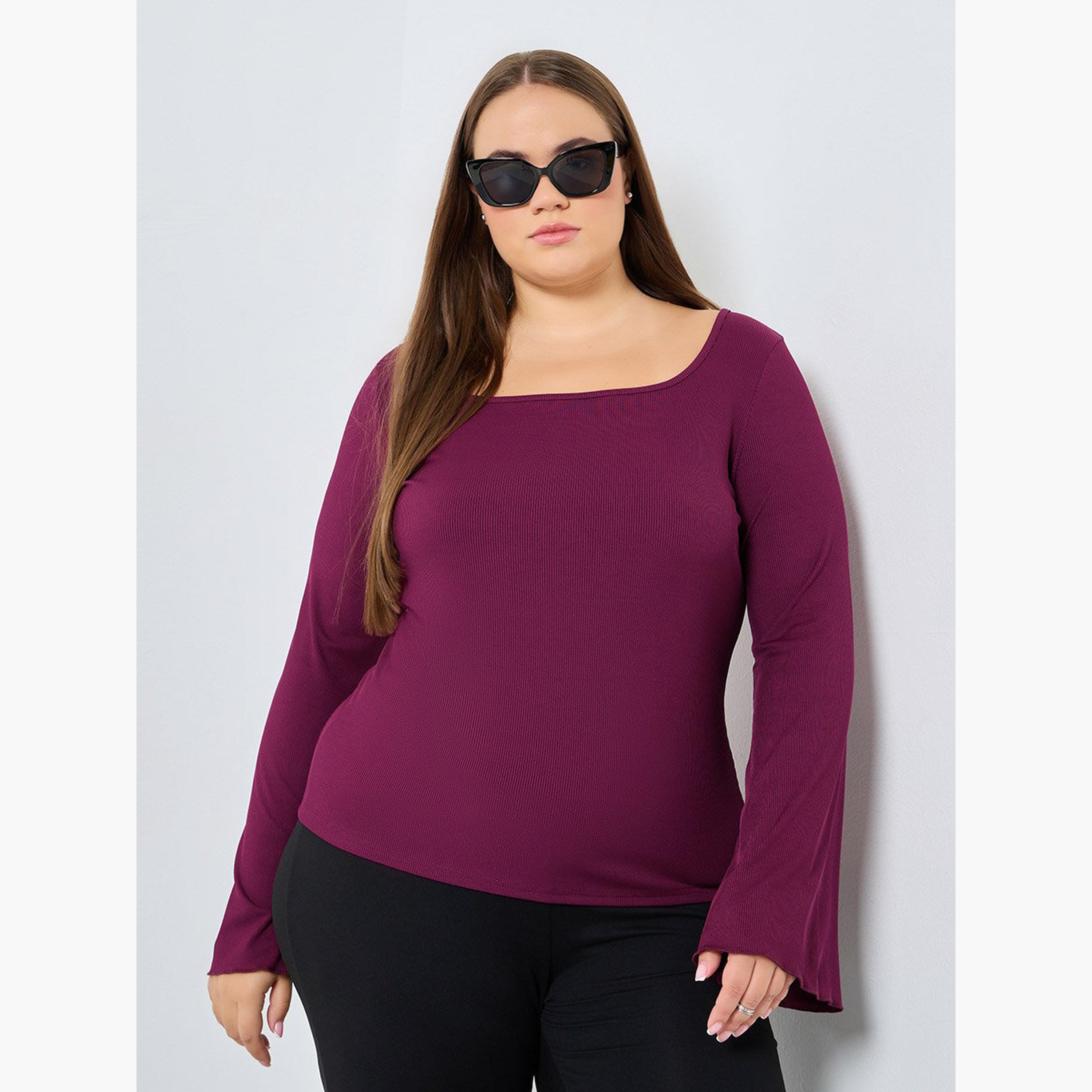 Styli Plus Size Burgundy Ribbed Top-women-clothing-shirtsandblouses-blouses-image-1