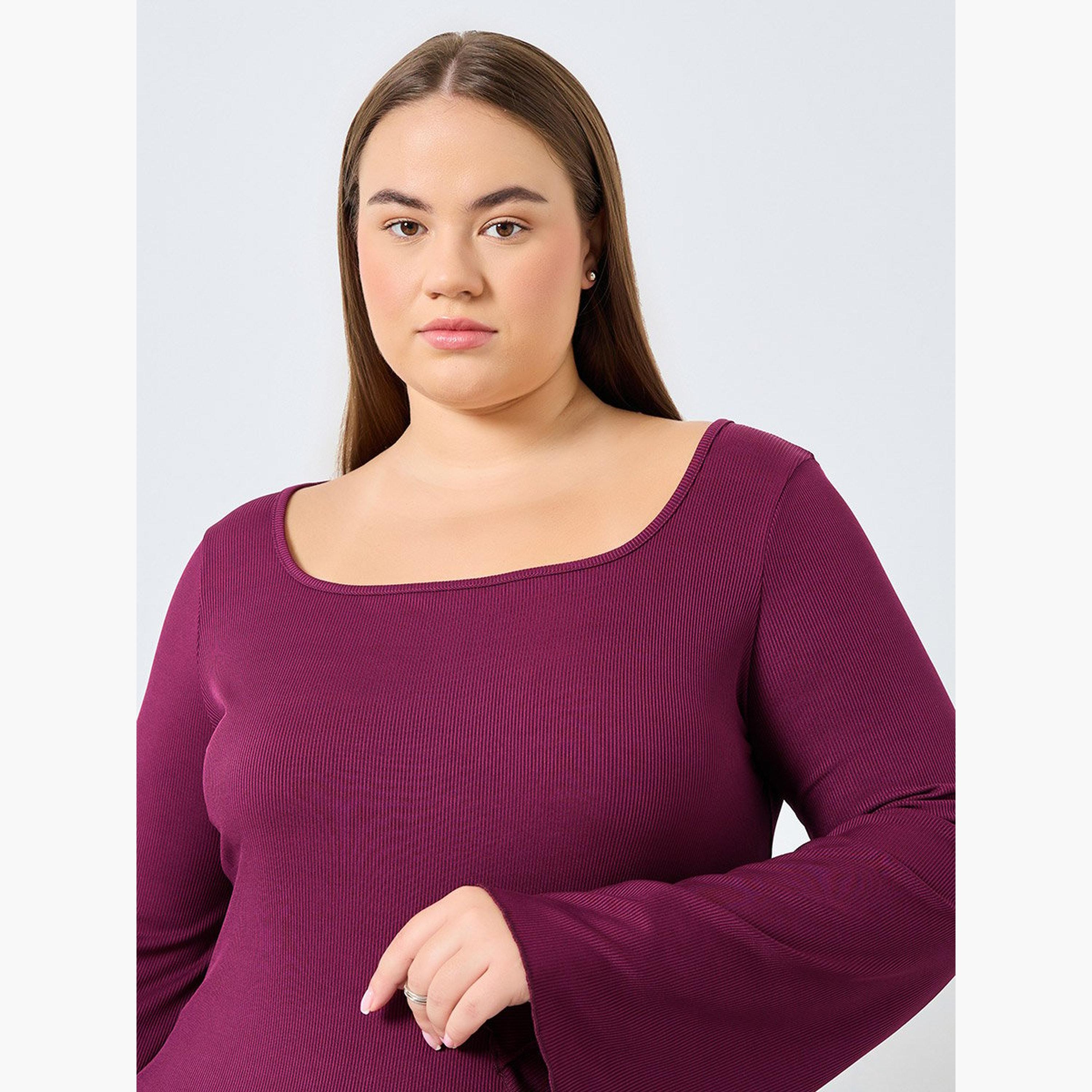 Styli Plus Size Burgundy Ribbed Top-women-clothing-shirtsandblouses-blouses-image-3