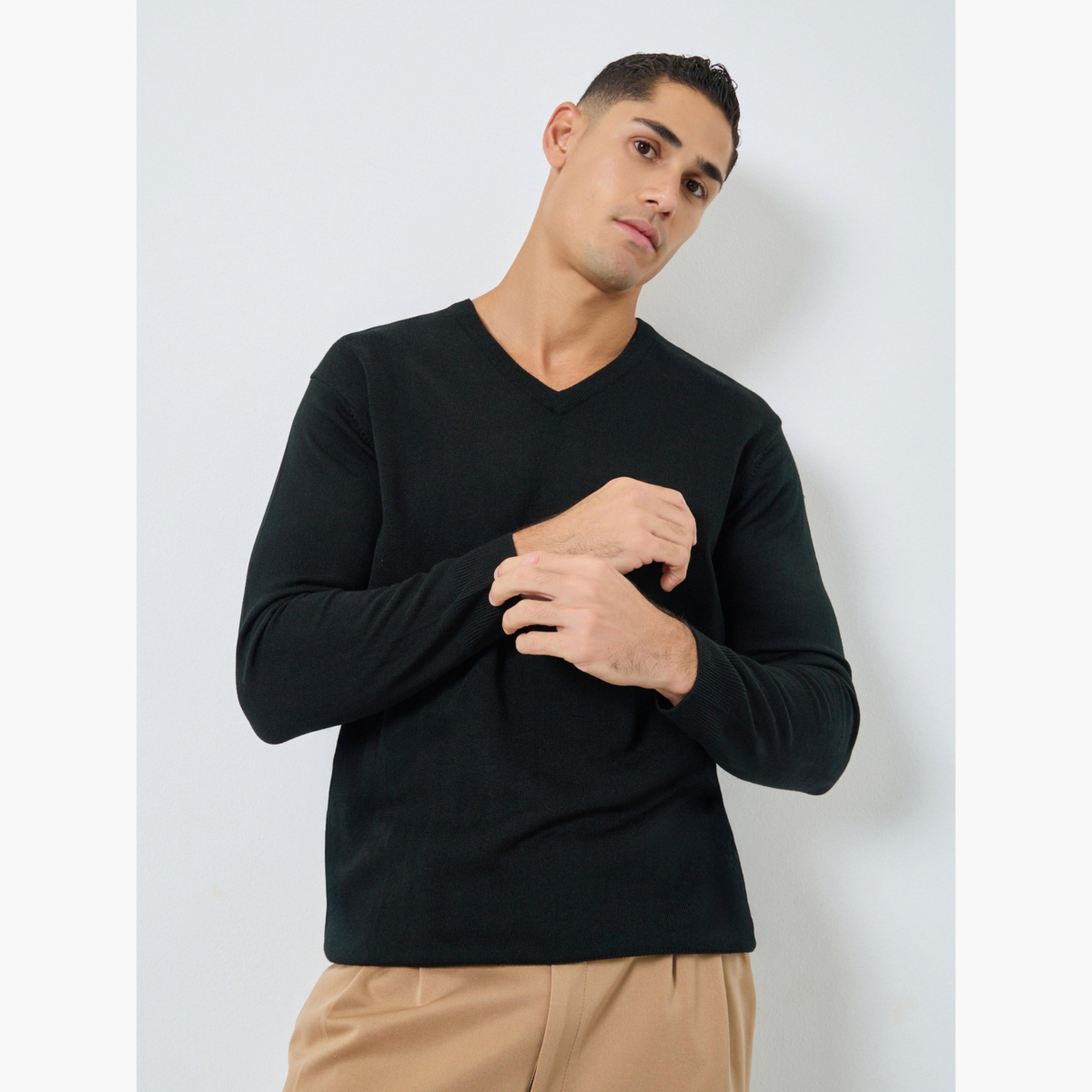 Styli Black Solid V-neck Long Sleeves Men's Sweater-men-clothing-sweatersandpullovers-image-1