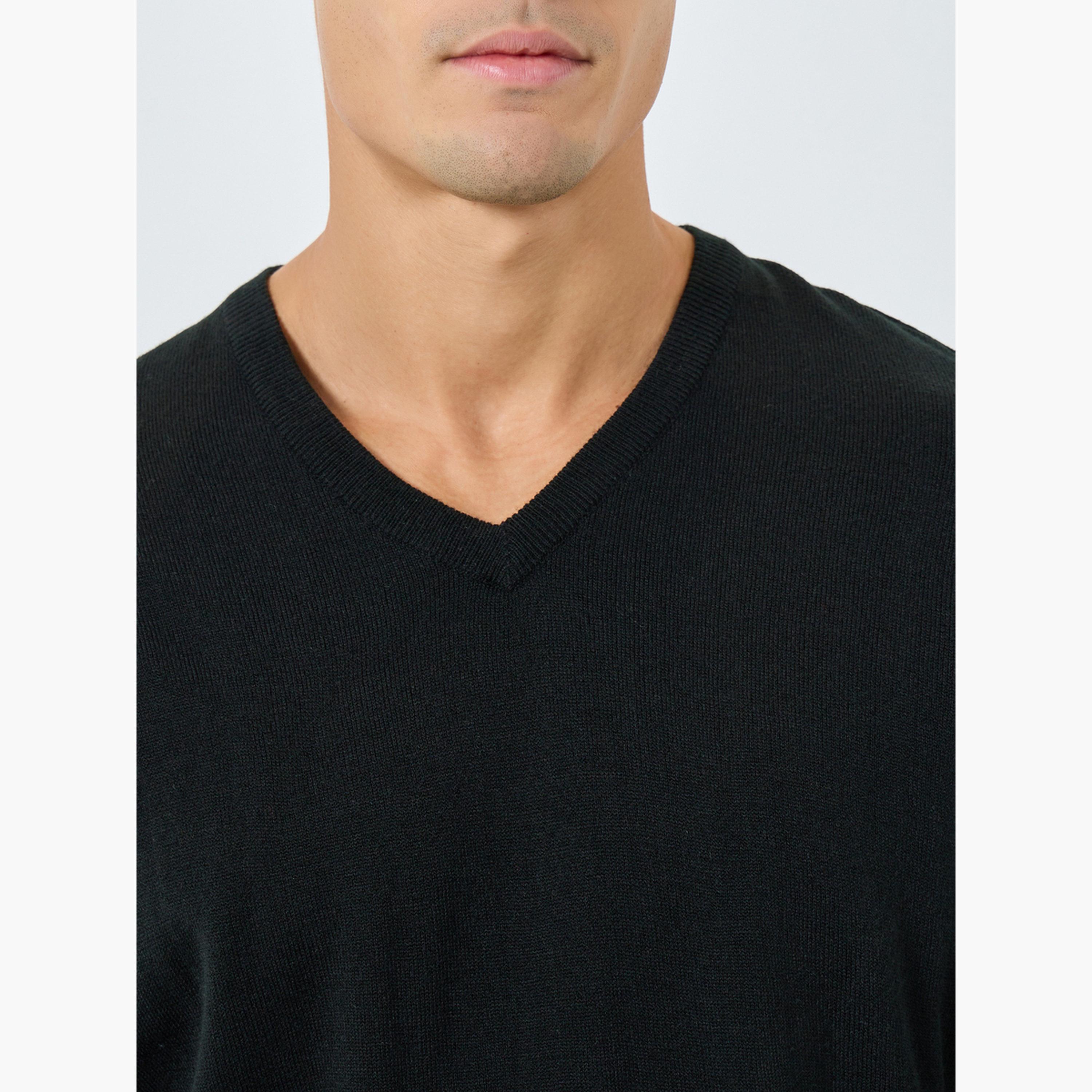 Styli Black Solid V-neck Long Sleeves Men's Sweater-men-clothing-sweatersandpullovers-image-3