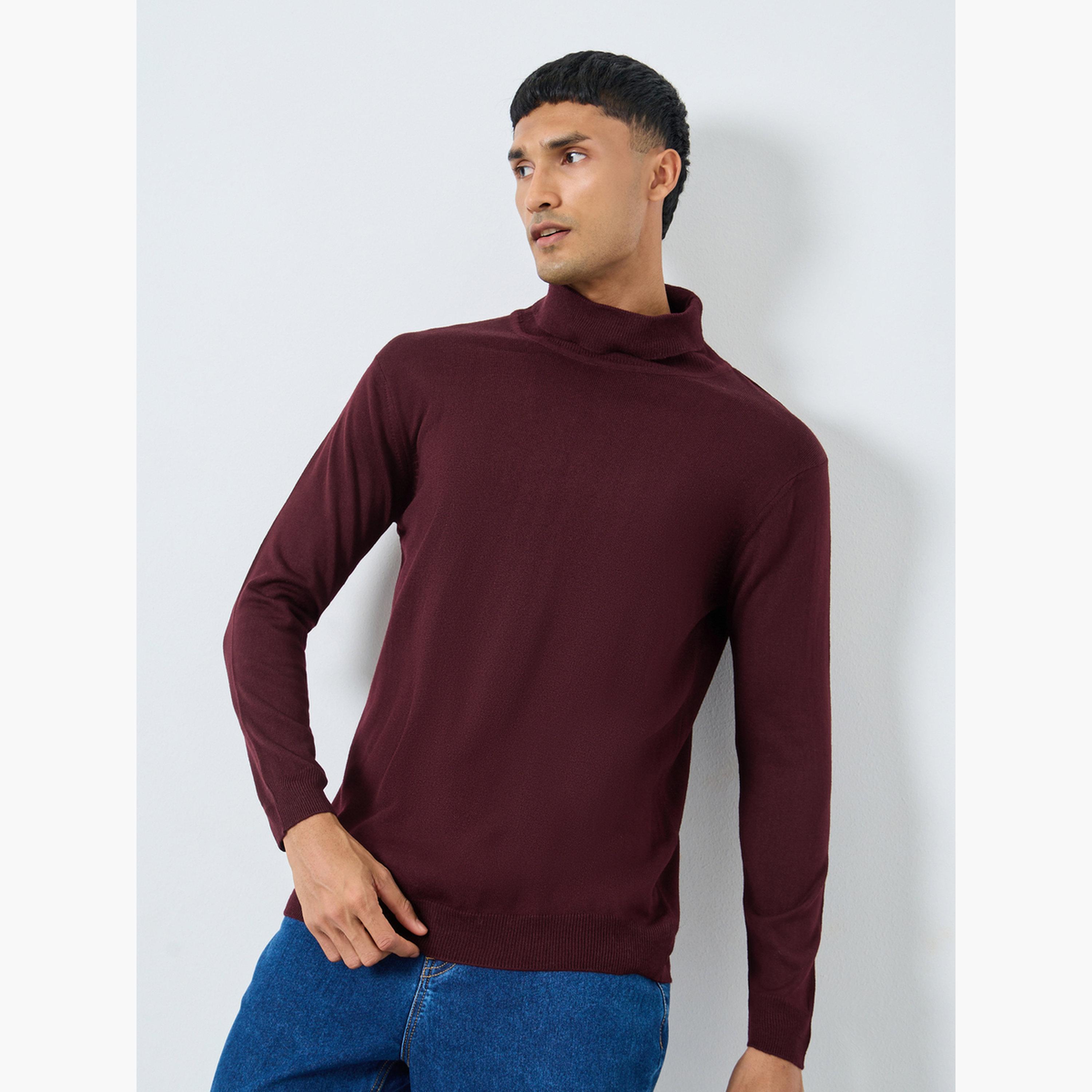 Styli Maroon Solid Turtle Neck Long Sleeves Men's Sweater-men-clothing-sweatersandpullovers-image-1