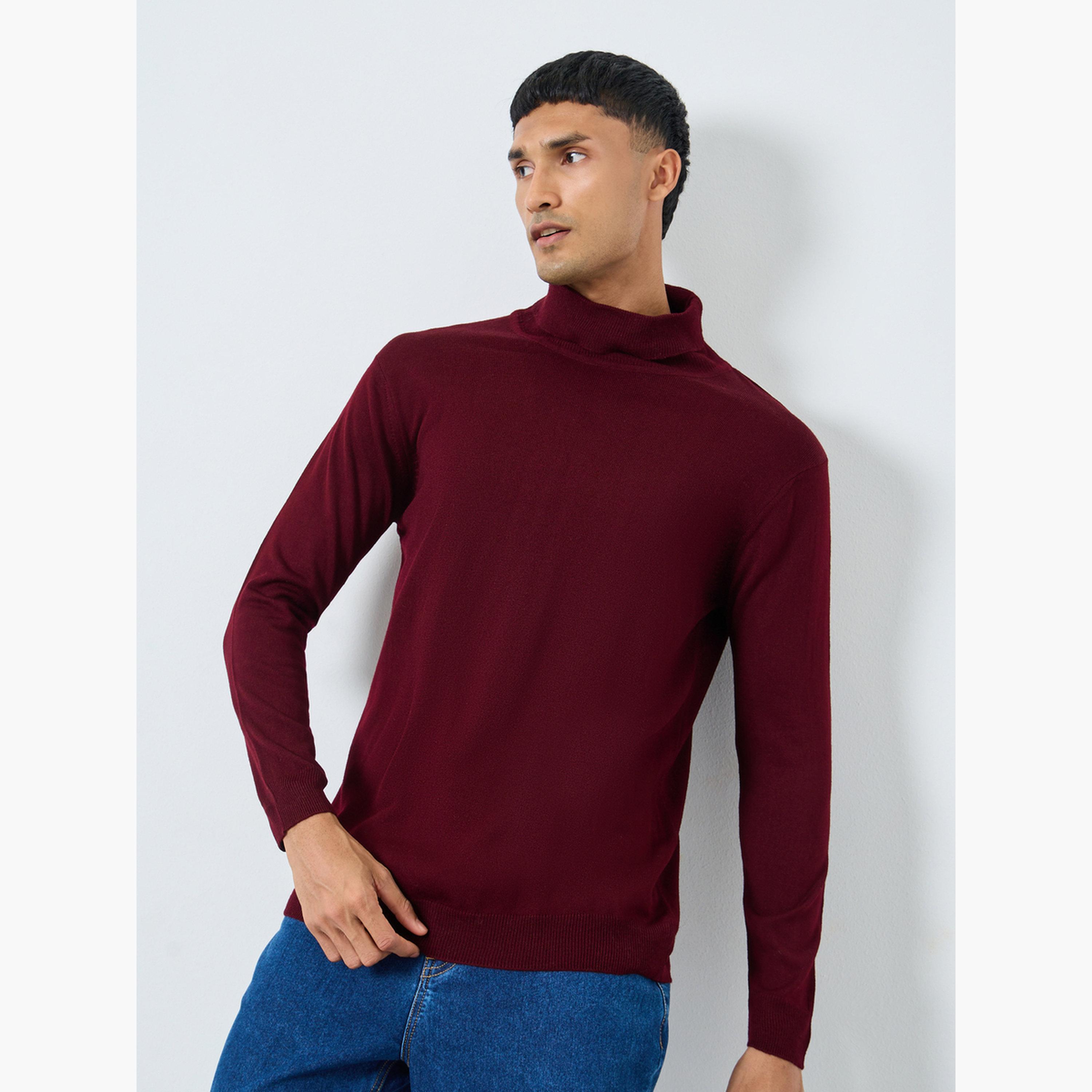 Styli Maroon Solid Turtle Neck Long Sleeves Men's Sweater-men-clothing-sweatersandpullovers-image-4