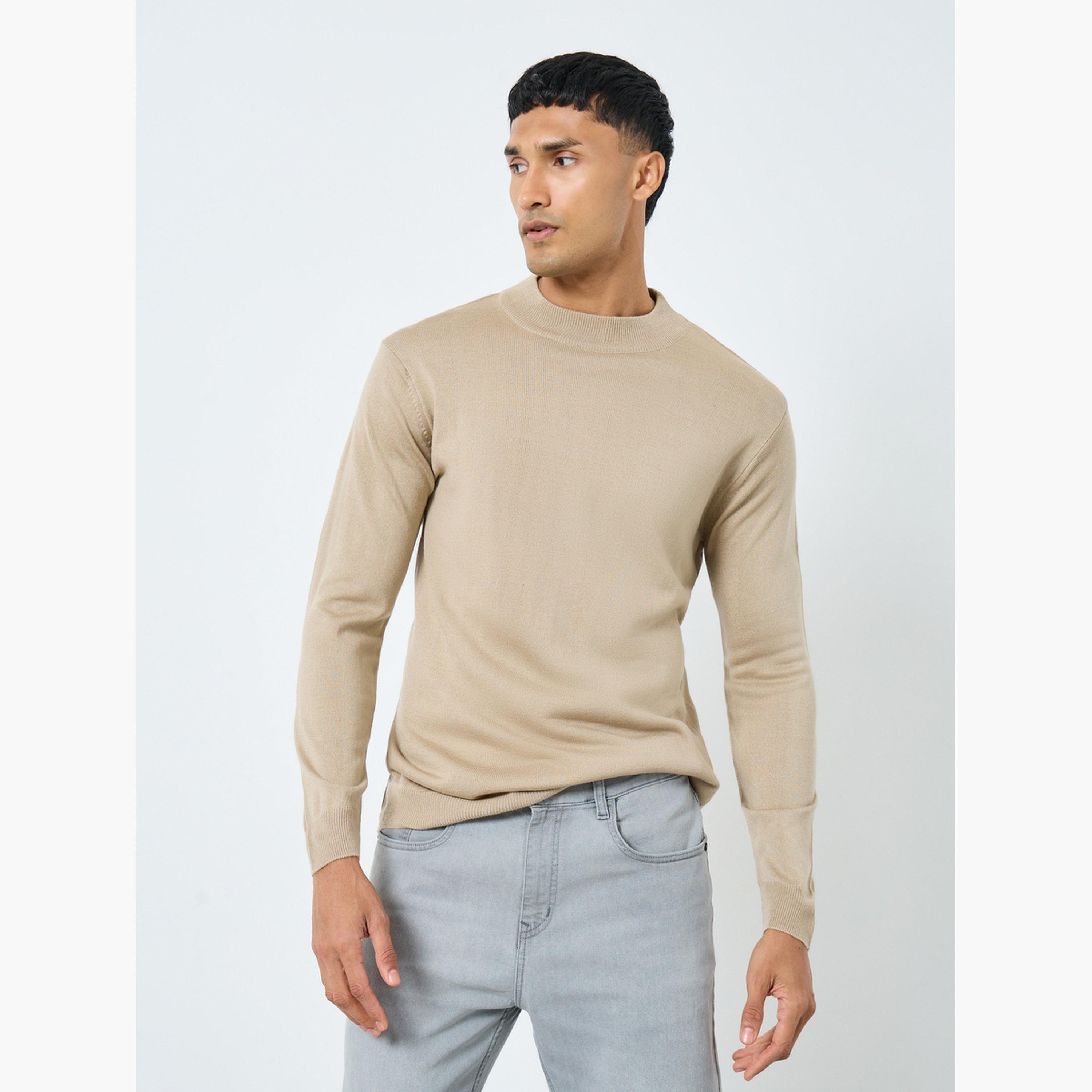 Styli Beige Solid Regular Fit Round Neck Long Sleeves Men's Sweater-men-clothing-sweatersandpullovers-image-1