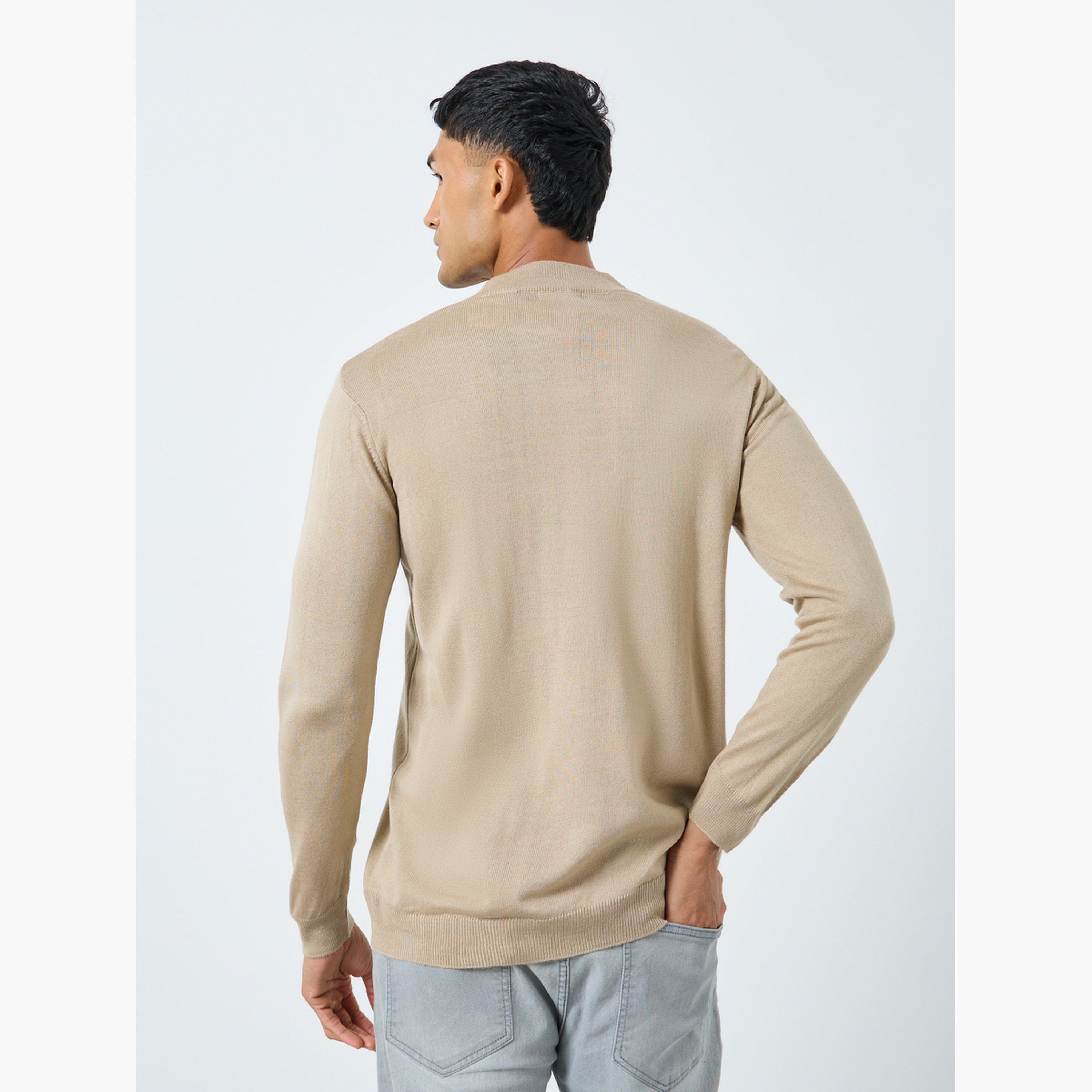 Styli Beige Solid Regular Fit Round Neck Long Sleeves Men's Sweater-men-clothing-sweatersandpullovers-image-4