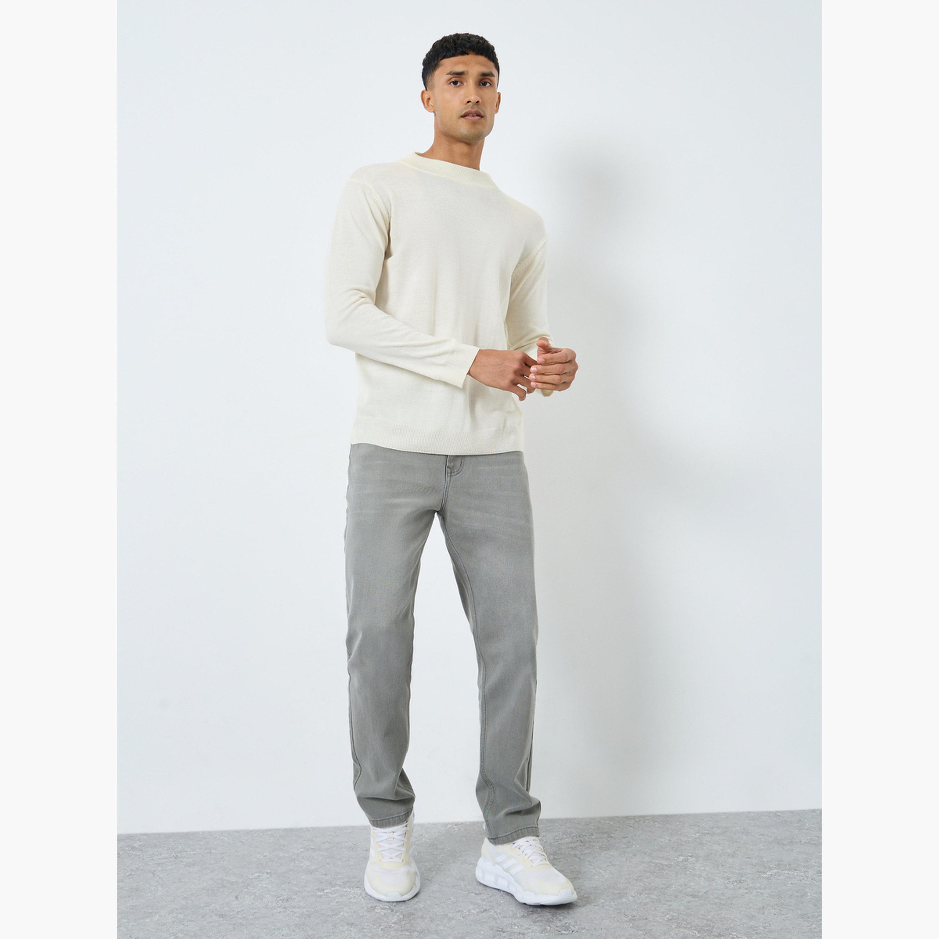 Styli Off White Solid Regular Fit Round Neck Long Sleeves Men's Sweater-men-clothing-sweatersandpullovers-image-1