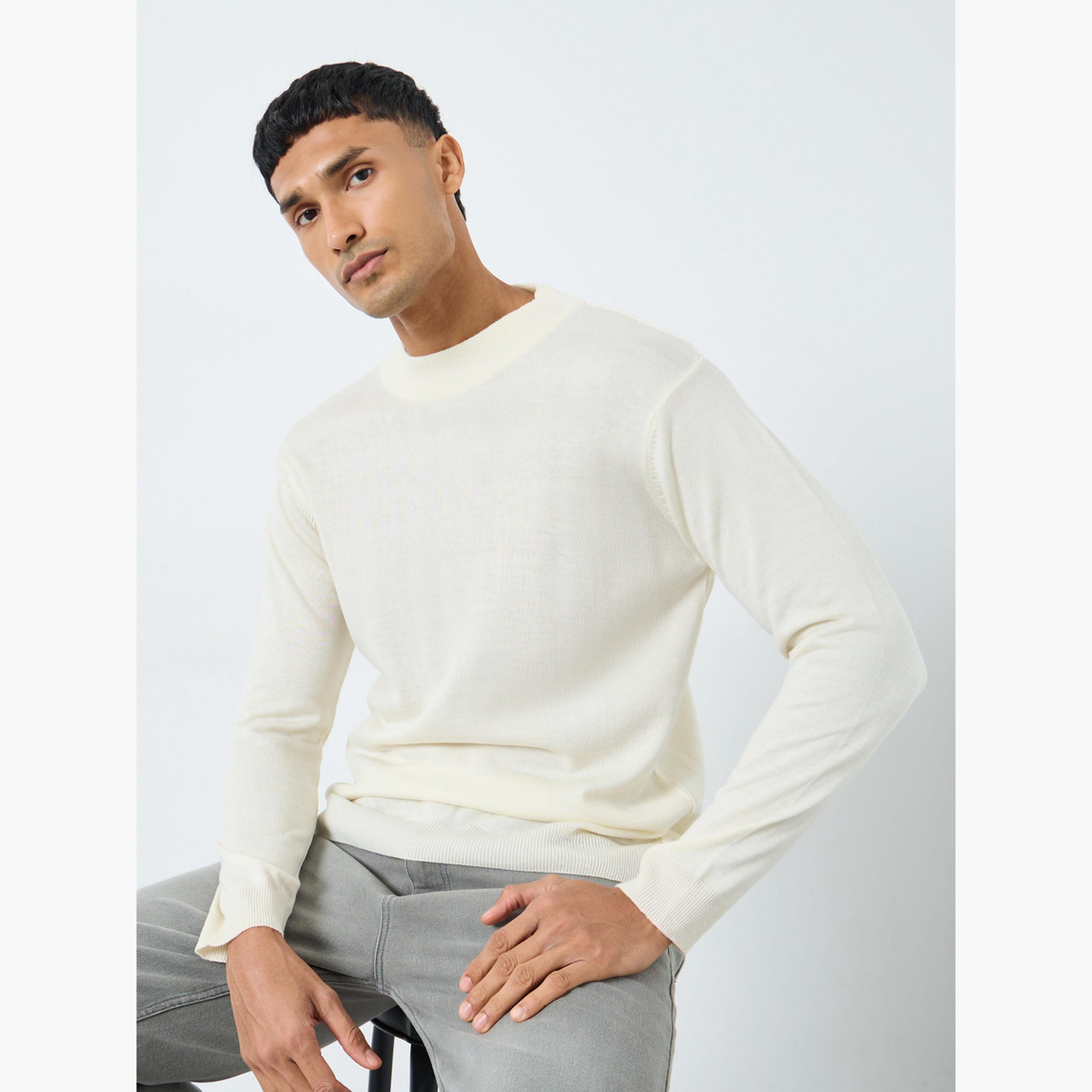 Styli Off White Solid Regular Fit Round Neck Long Sleeves Men's Sweater-men-clothing-sweatersandpullovers-image-2