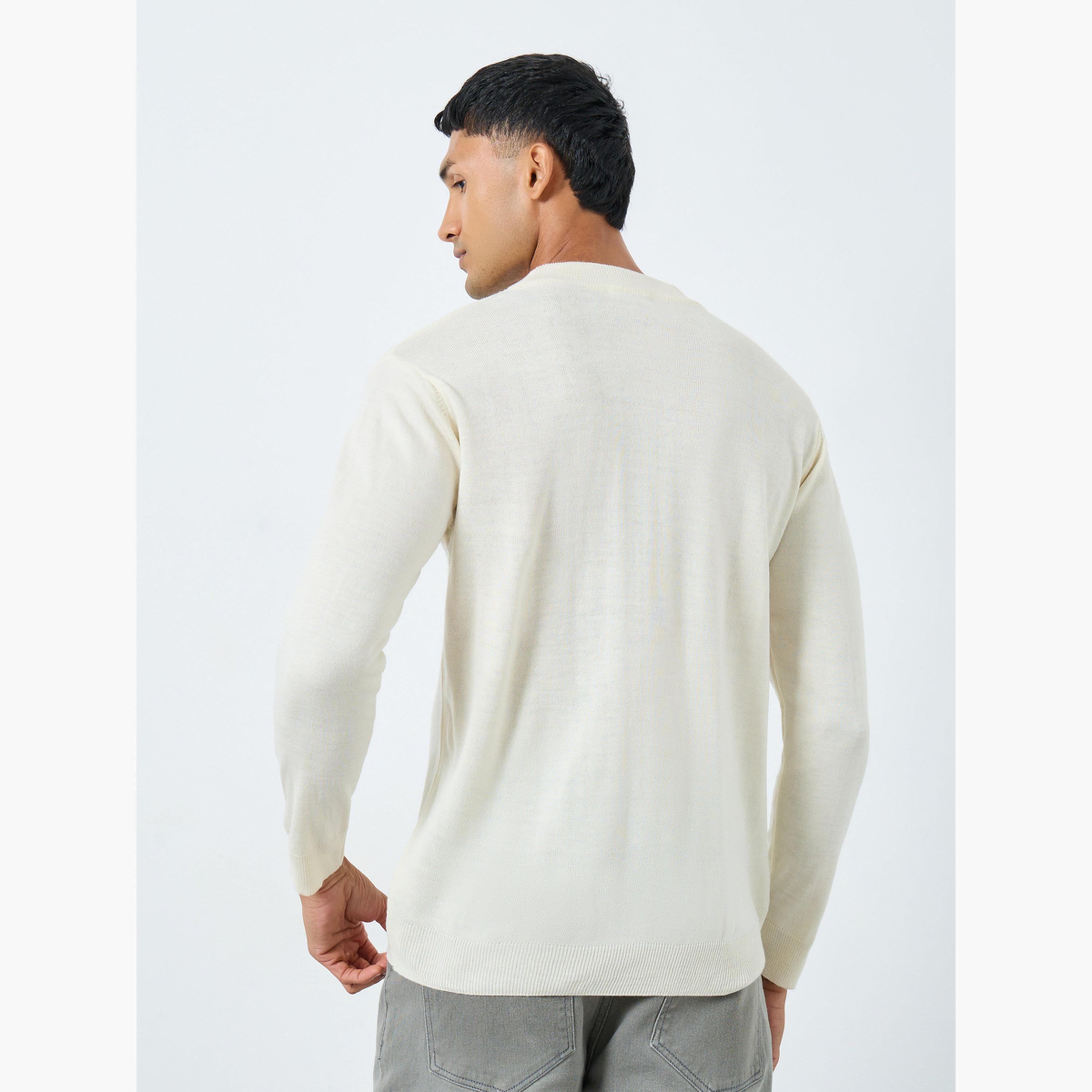 Styli Off White Solid Regular Fit Round Neck Long Sleeves Men's Sweater-men-clothing-sweatersandpullovers-image-4