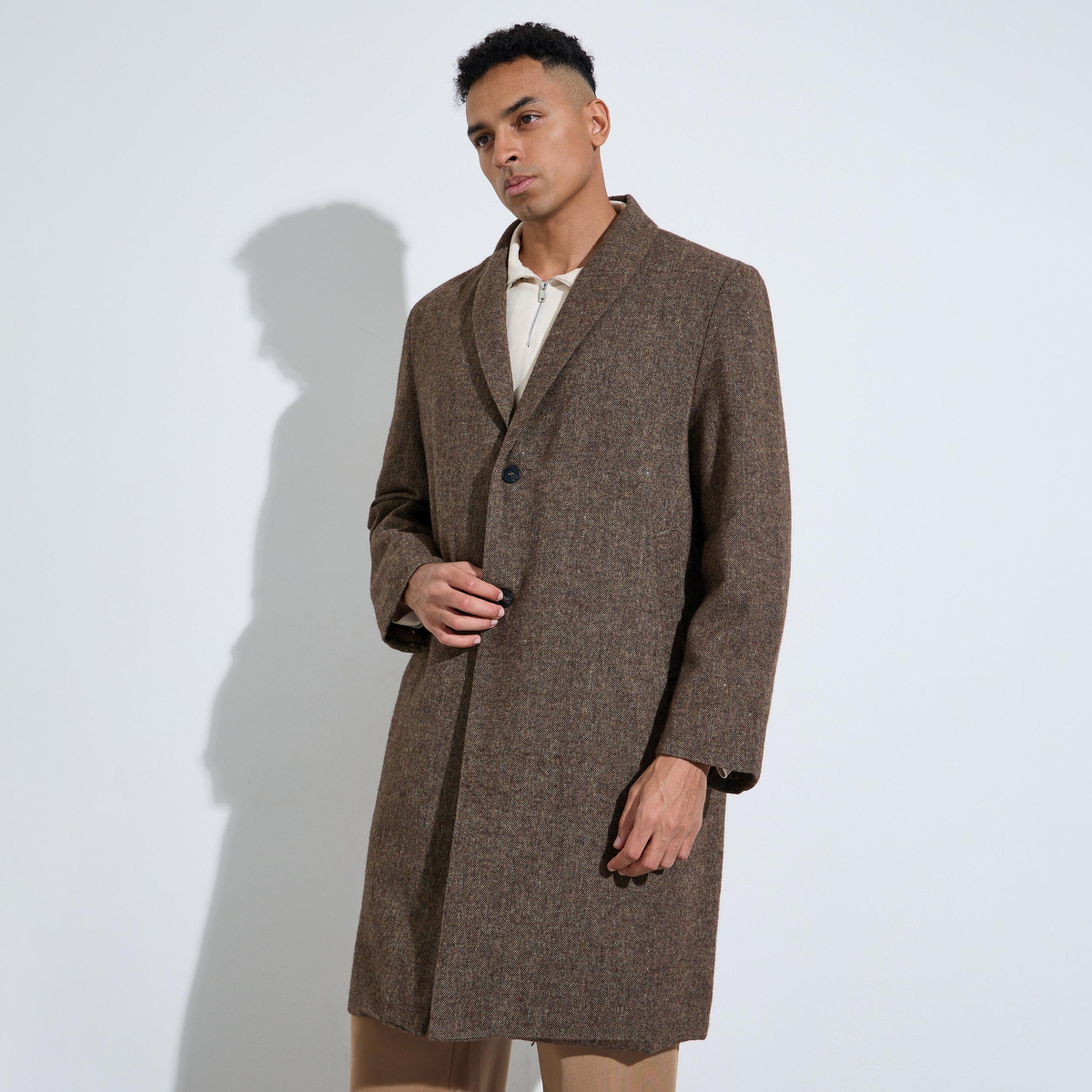 Styli Men Brown Oversized Textured Buttoned Coat-men-winterwear-jacketsandblazers-image-1