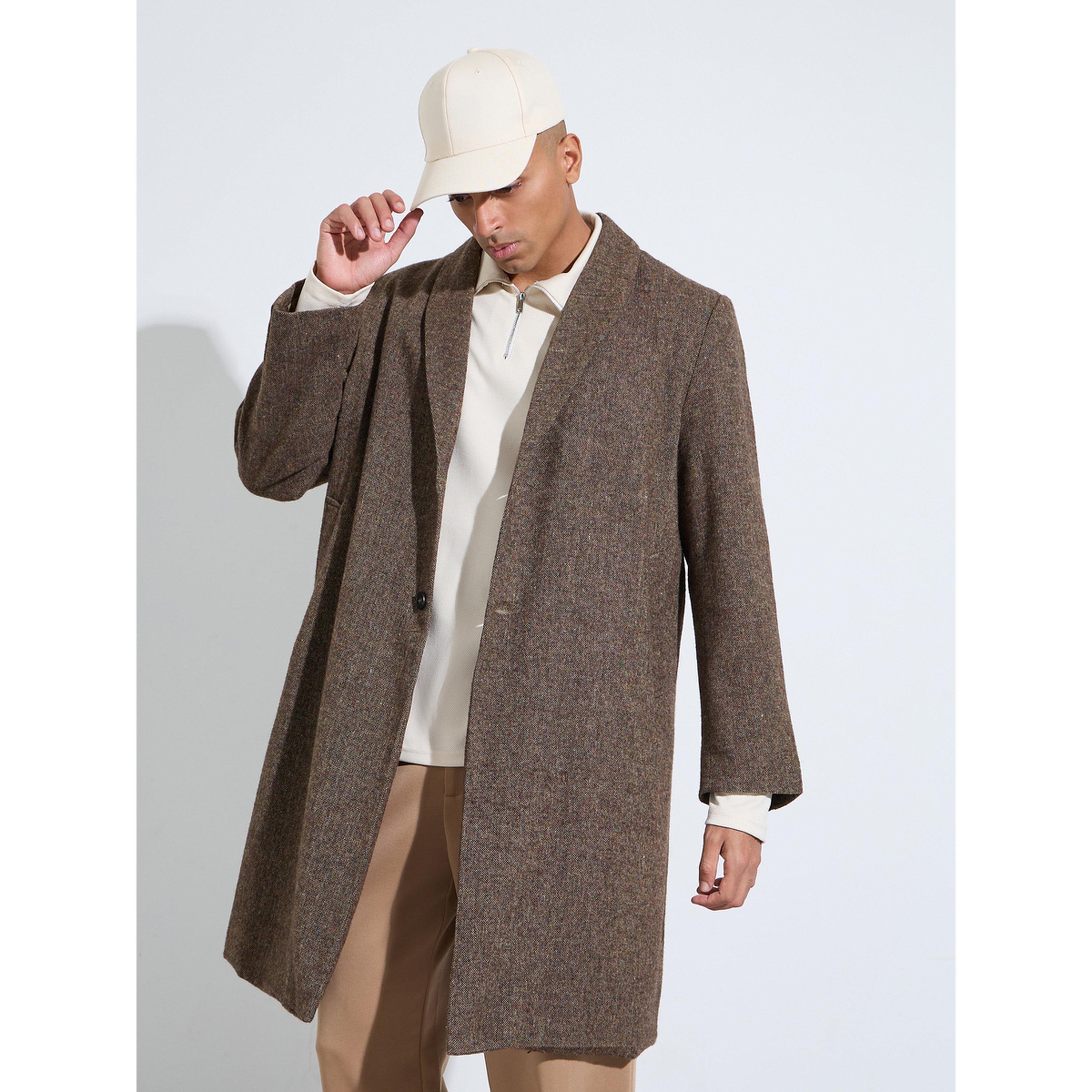Styli Men Brown Oversized Textured Buttoned Coat-men-winterwear-jacketsandblazers-image-3
