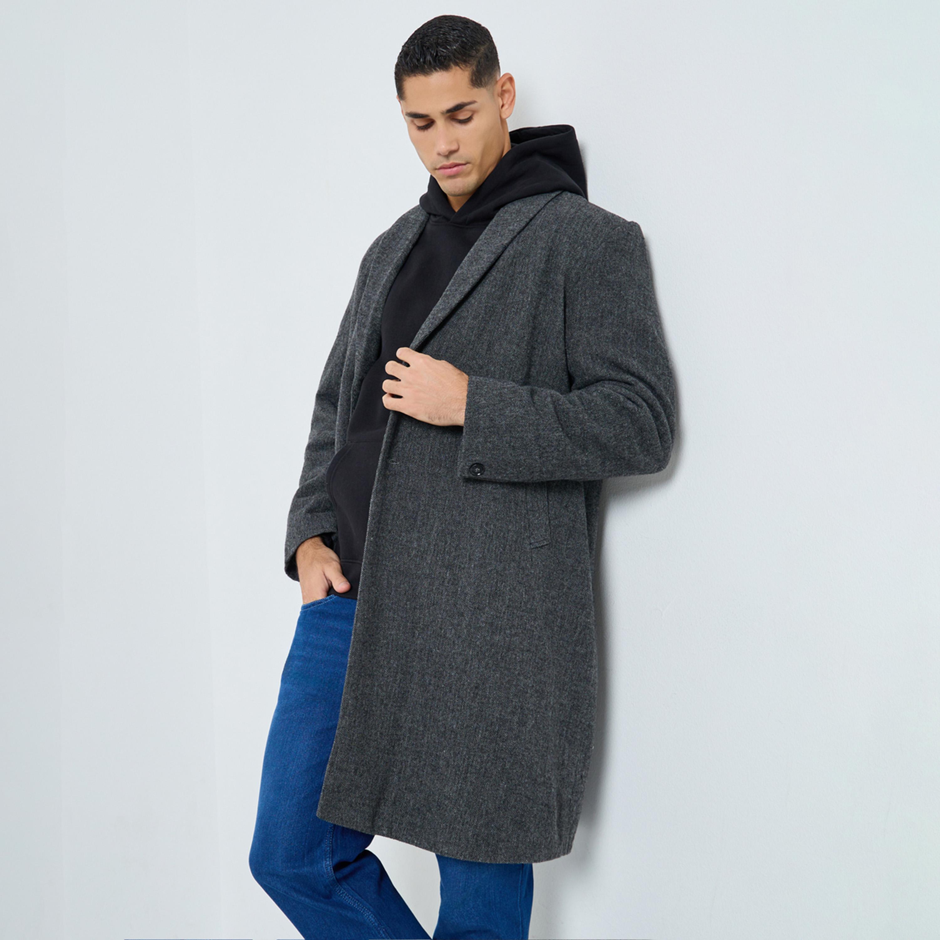 Styli Men Grey Oversized Textured Buttoned Coat-men-clothing-jacketsandblazers-coats-image-1