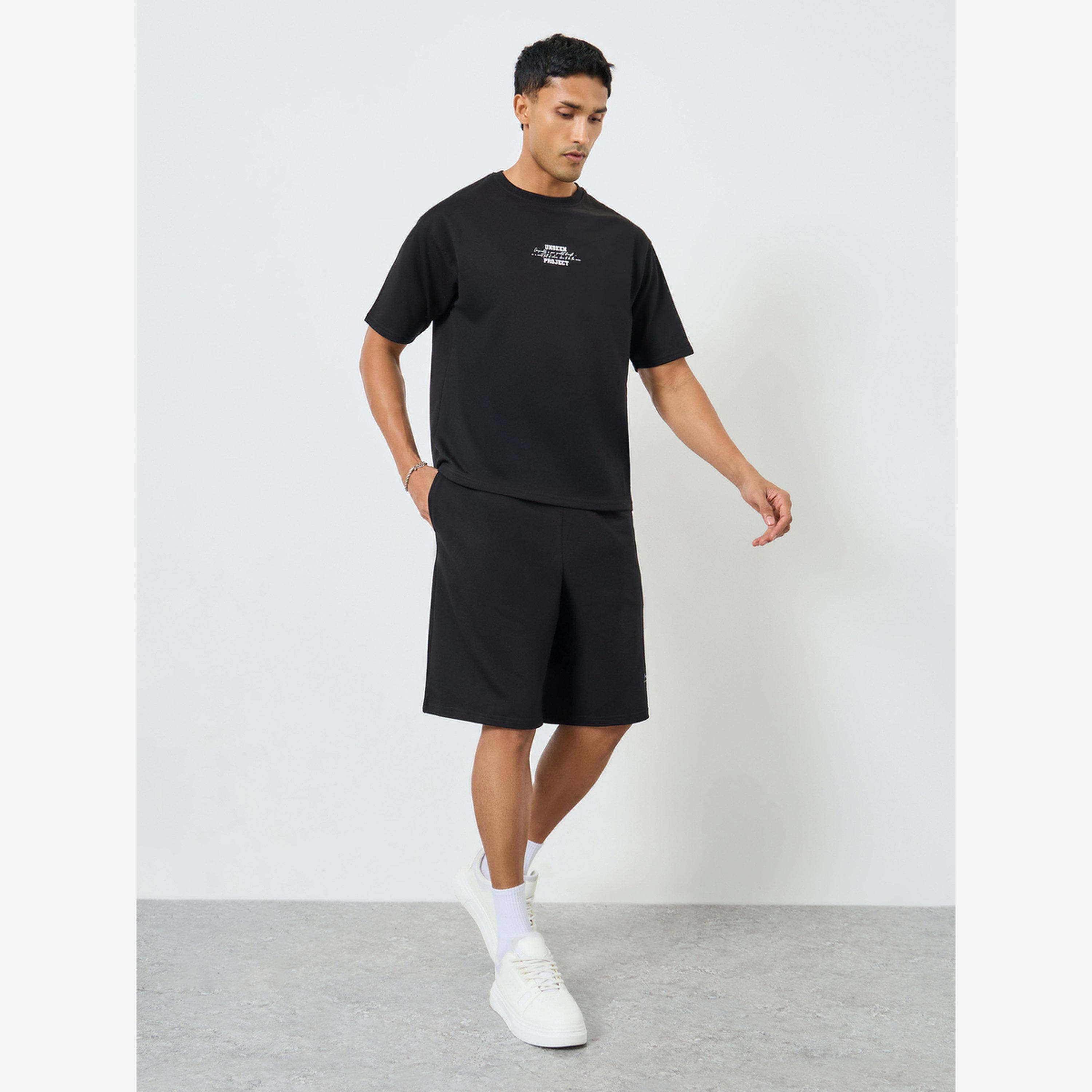 Styli Men Black Oversized T-Shirt and Drop-Crotch Shorts Co-Ords-men-clothing-coordsets-image-1