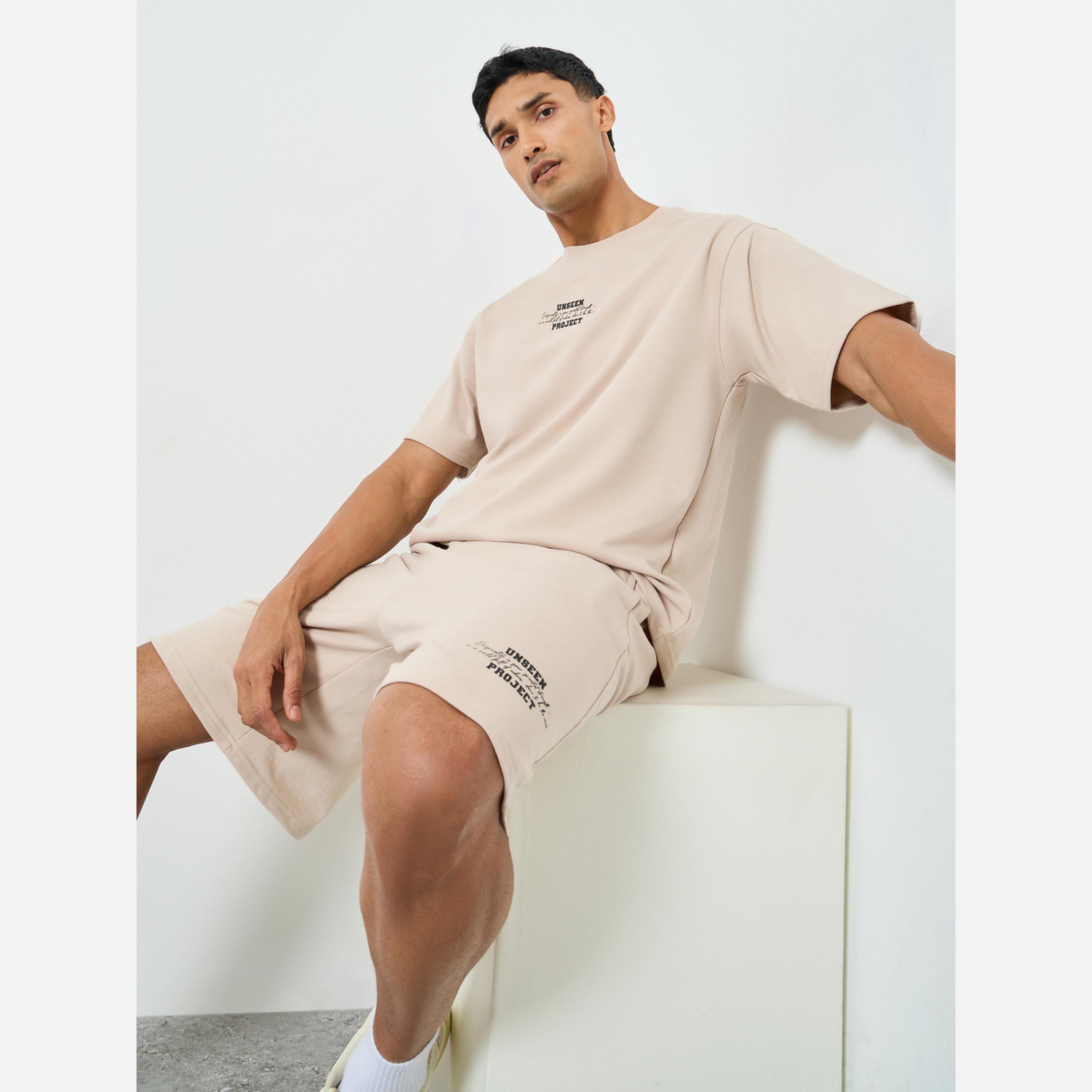 Styli Men Beige Oversized T-Shirt and Drop-Crotch Shorts Co-Ords-men-clothing-coordsets-image-2