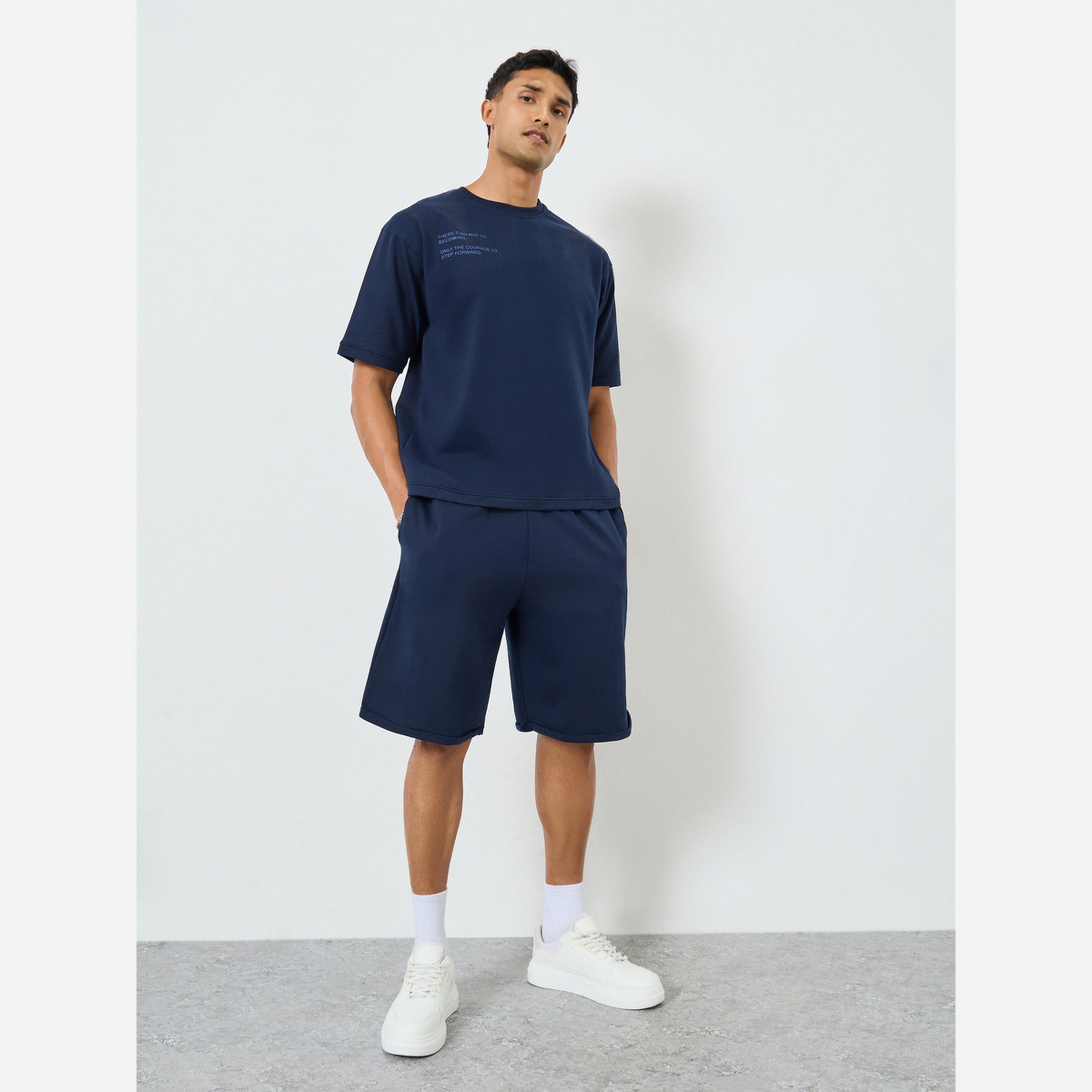Styli Men Navy Oversized Puff Print T-Shirt and Shorts Co-Ords-men-clothing-coordsets-image-1