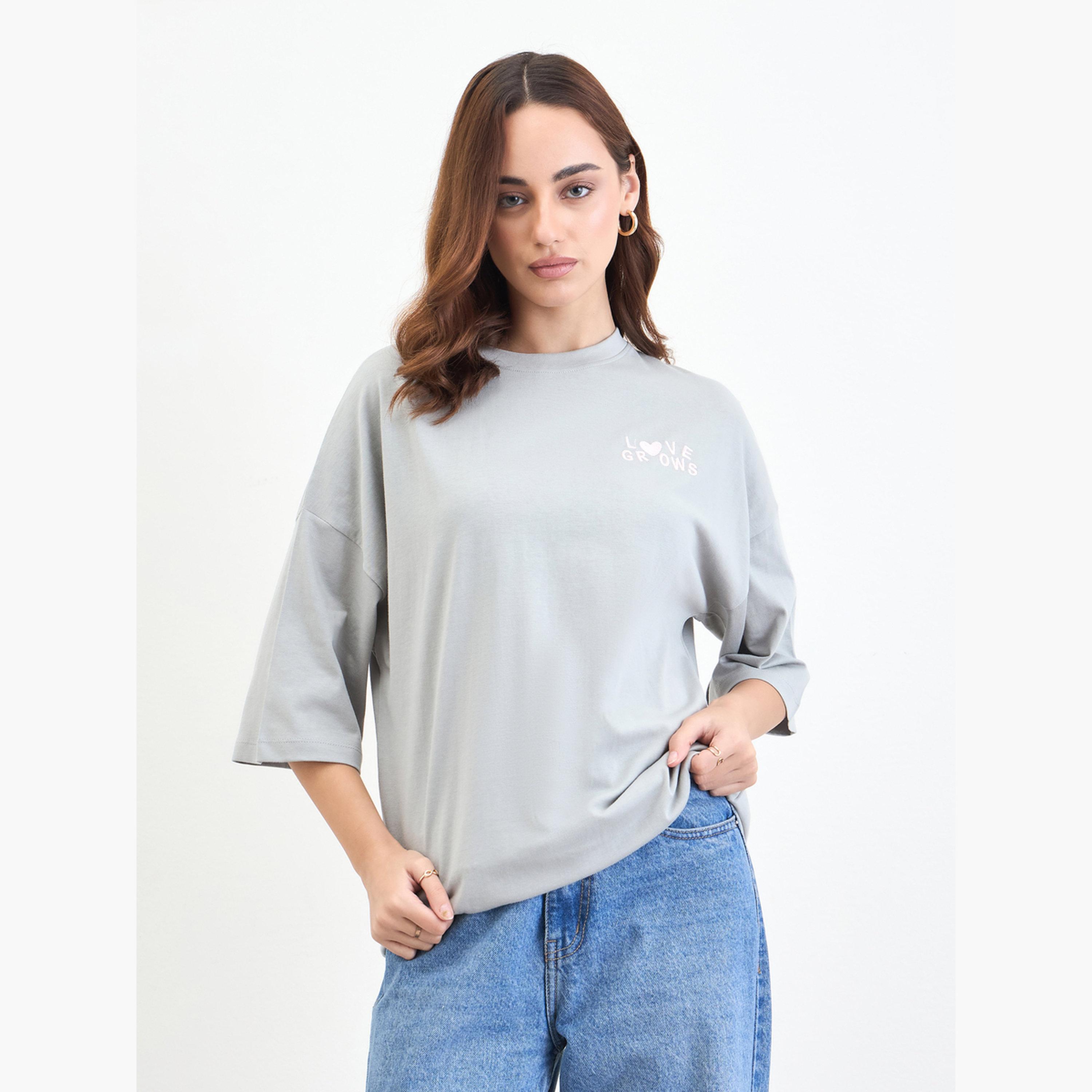 ستايلي - تي شيرت رمادي مقاس واسع بأكمام 3/4-women-clothing-tshirts-image-1