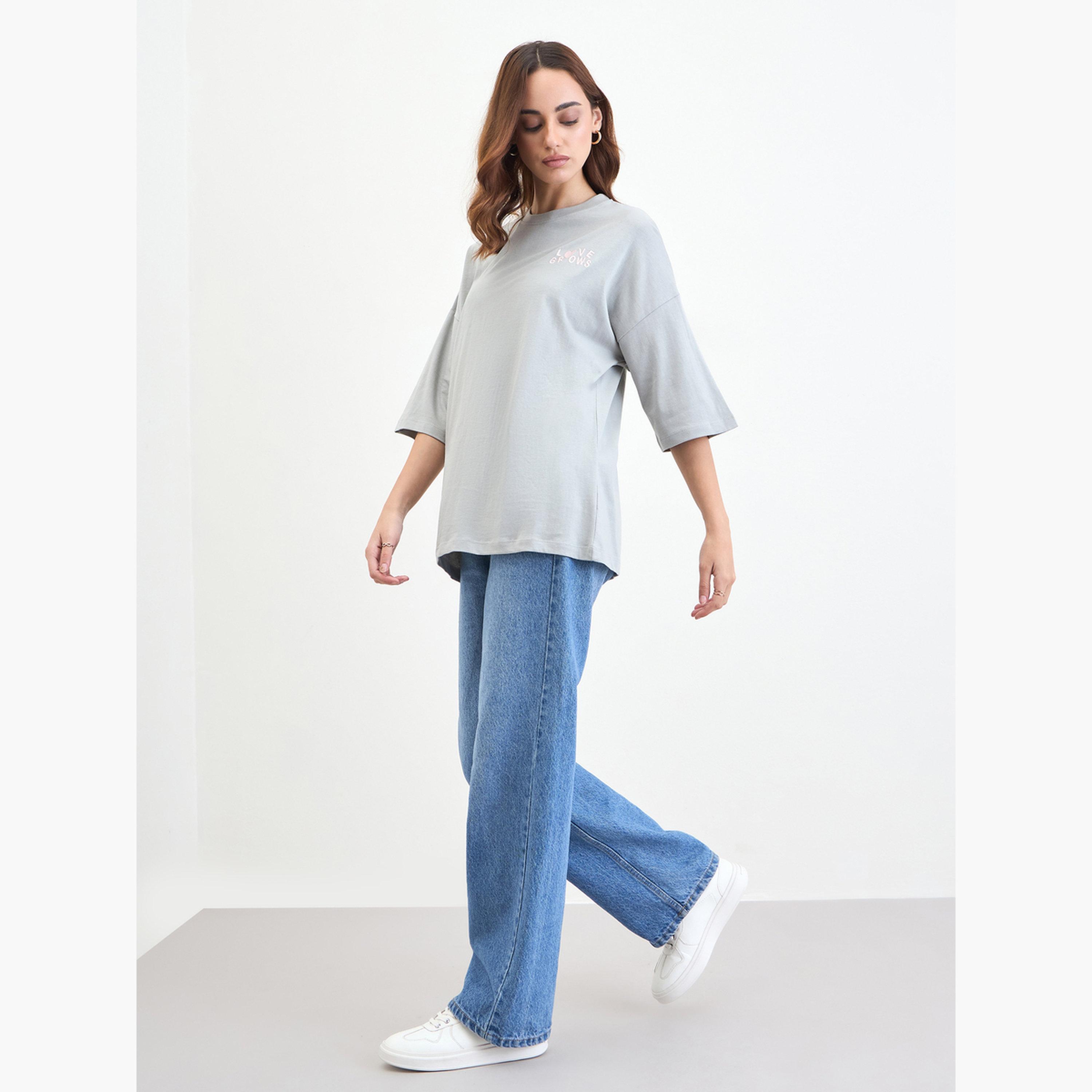 ستايلي - تي شيرت رمادي مقاس واسع بأكمام 3/4-women-clothing-tshirts-image-2