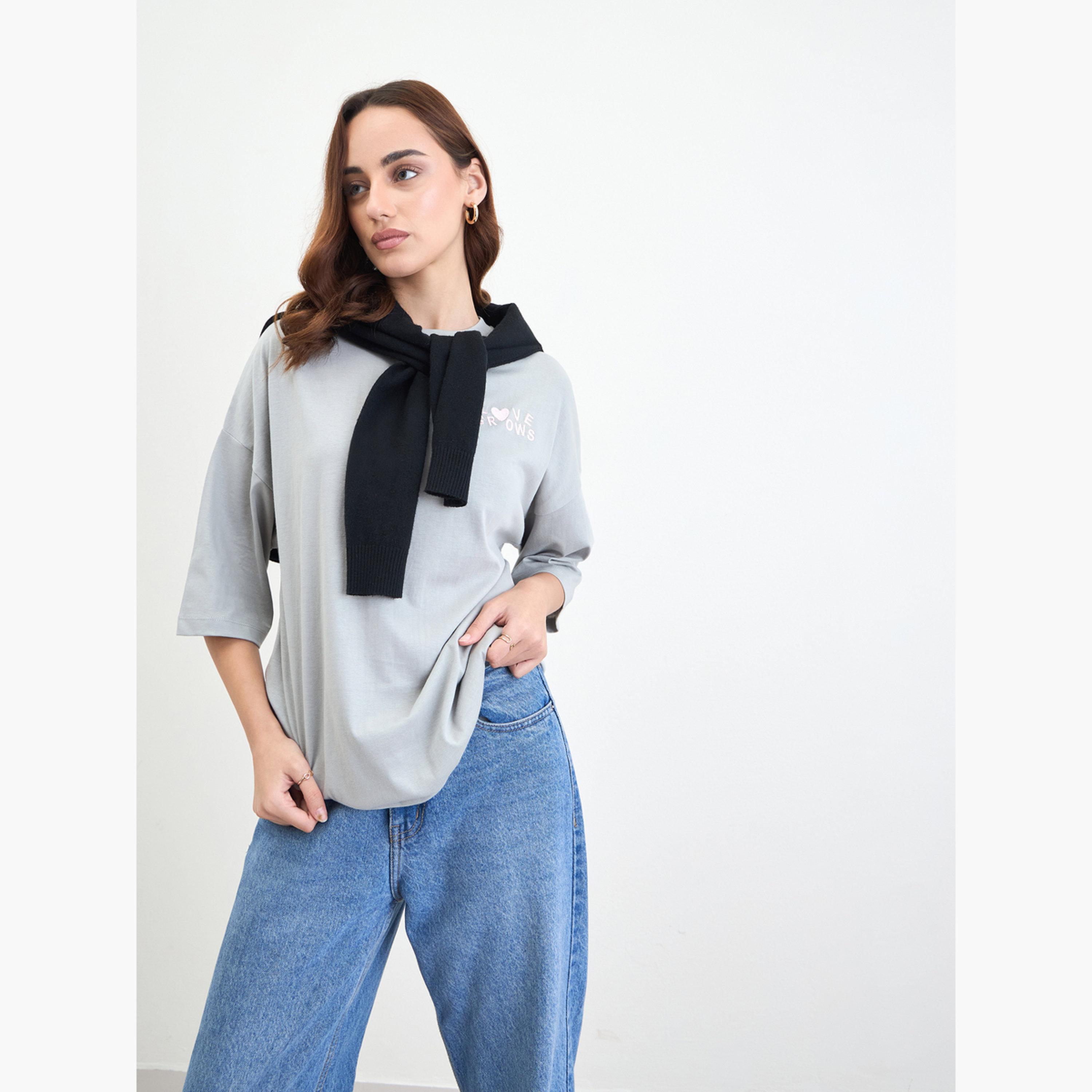ستايلي - تي شيرت رمادي مقاس واسع بأكمام 3/4-women-clothing-tshirts-image-3