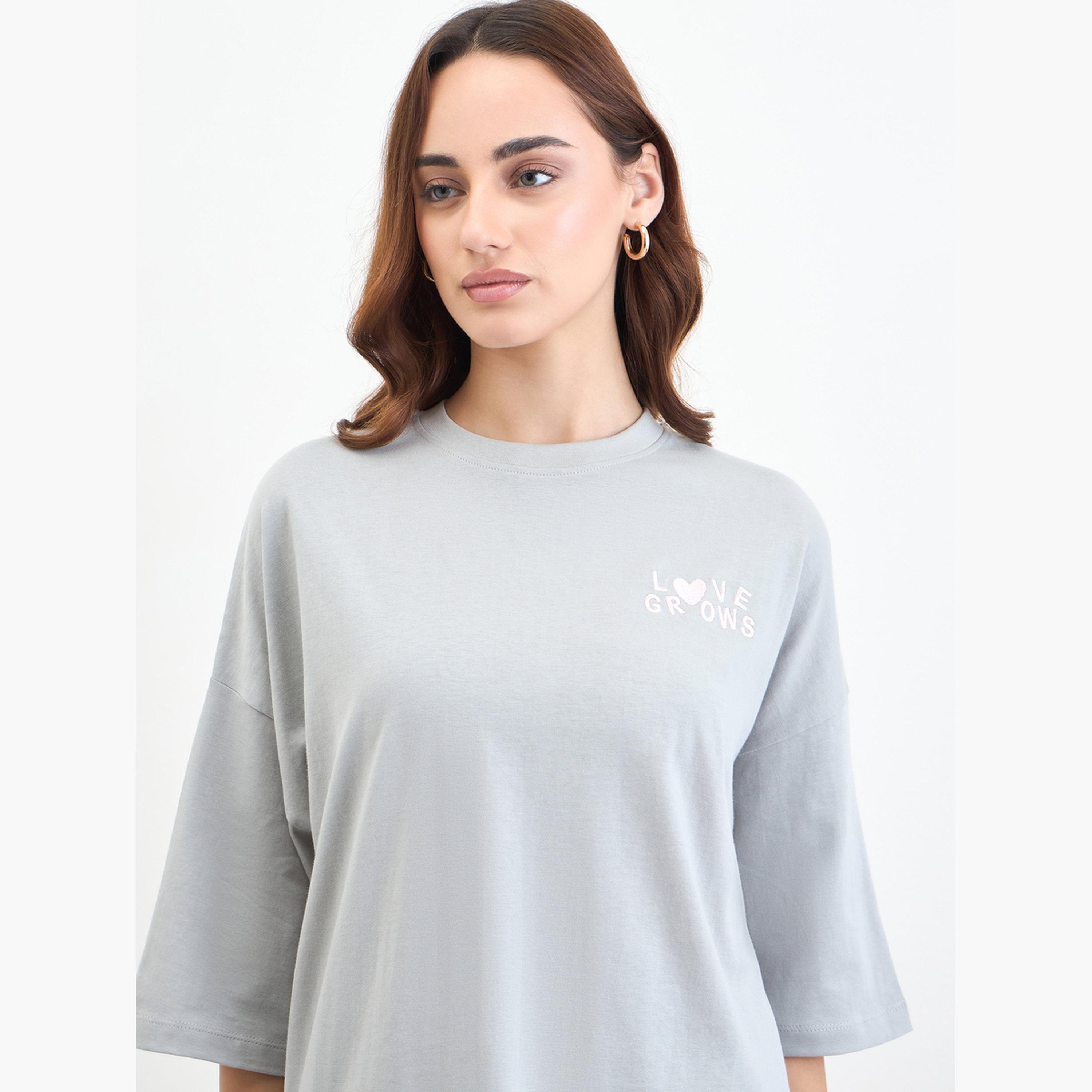 Styli Grey Oversized T-Shirt with 3/4 Sleeves-women-clothing-tshirts-image-4