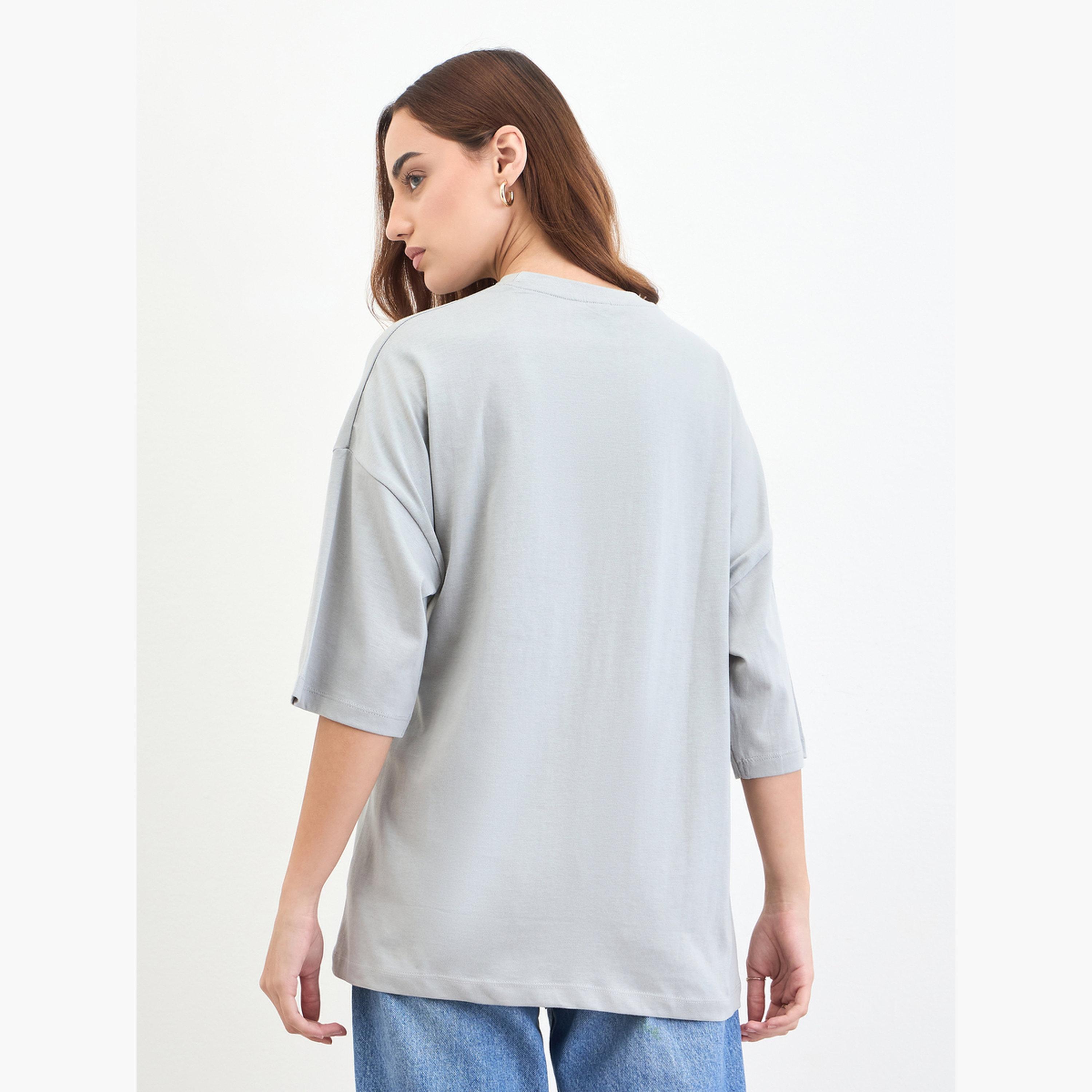 Styli Grey Oversized T-Shirt with 3/4 Sleeves-women-clothing-tshirts-image-5
