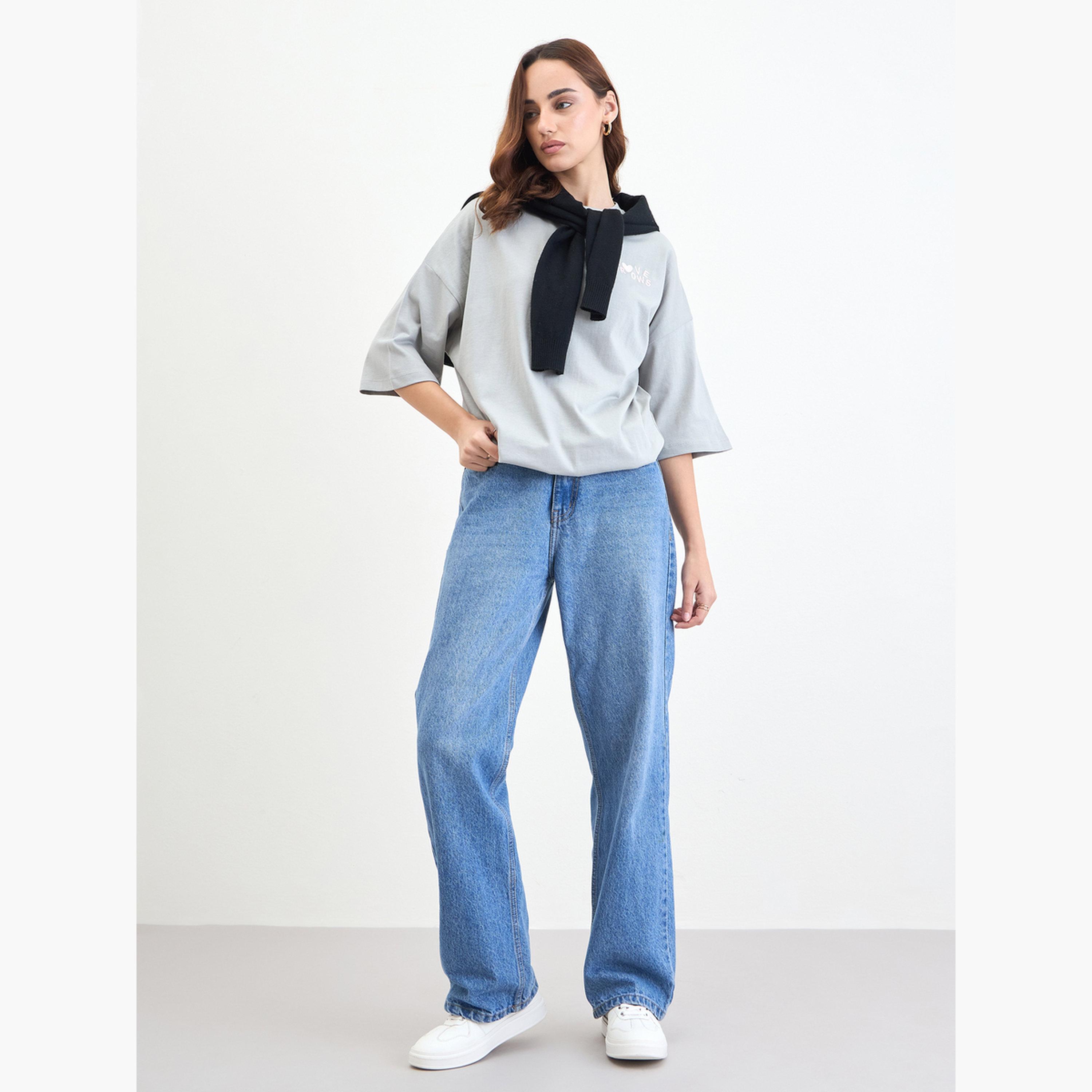 Styli Grey Oversized T-Shirt with 3/4 Sleeves-women-clothing-tshirts-image-6