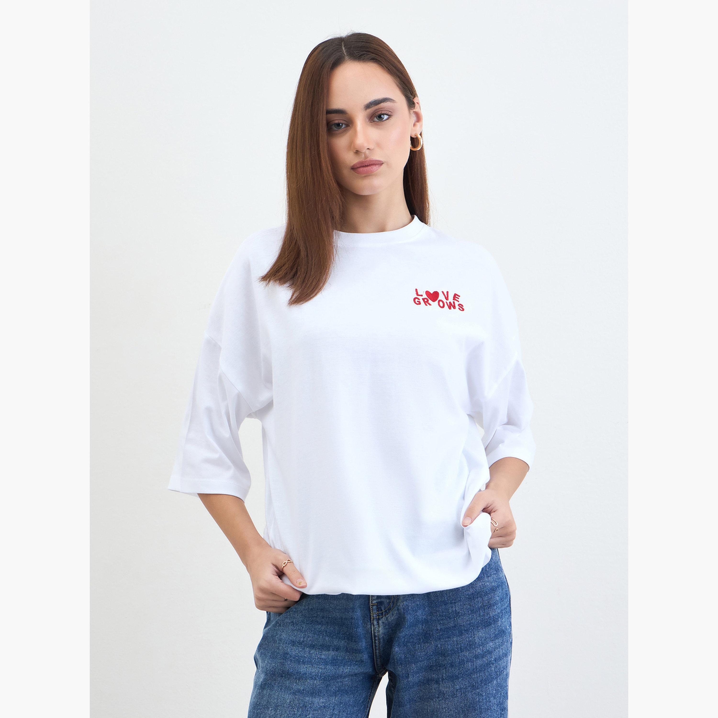 Styli White Slogan Oversized T-Shirt with 3/4 Sleeves-women-clothing-tshirts-image-1