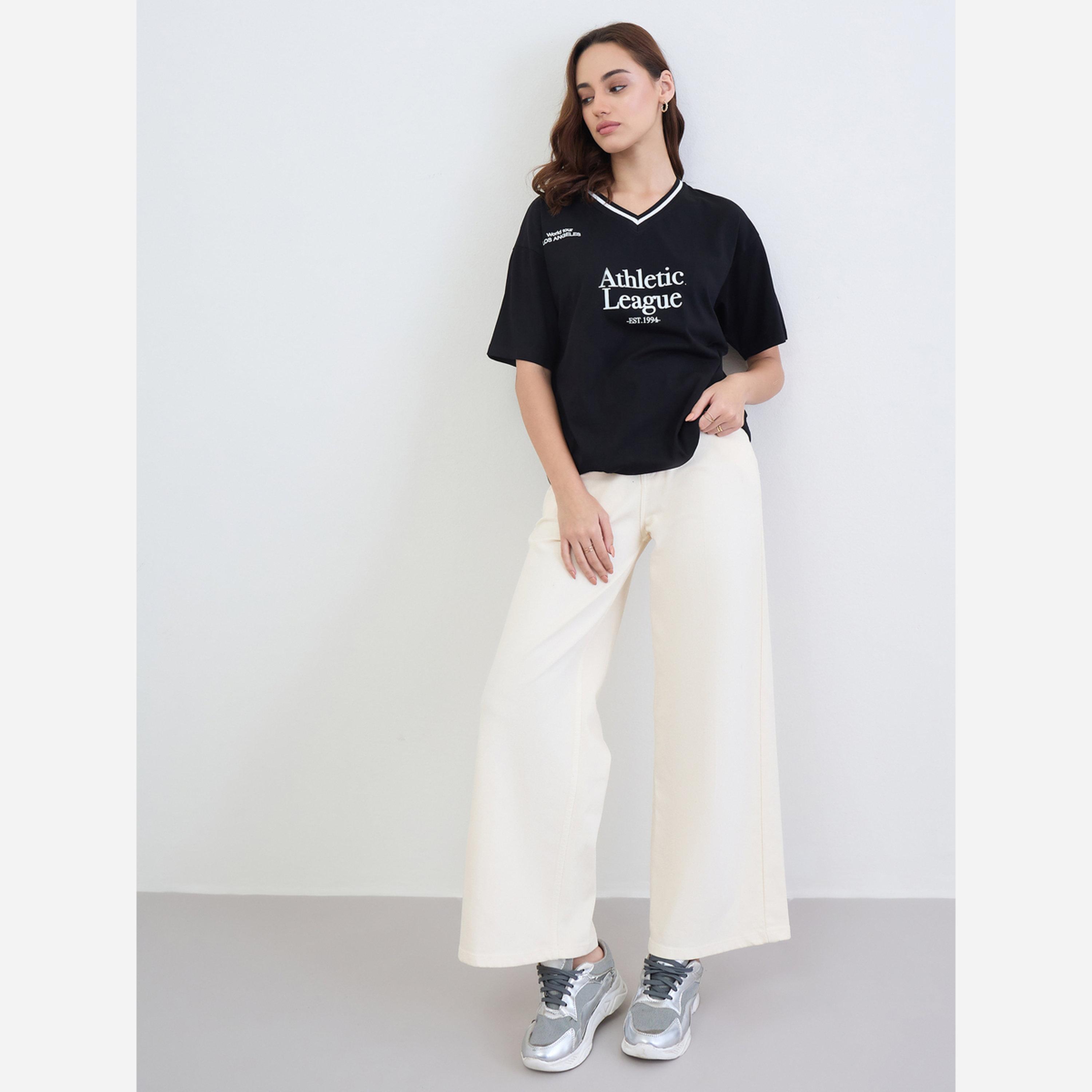 Styli Black Oversized Varsity Slogan T-Shirt-women-clothing-tshirts-image-2