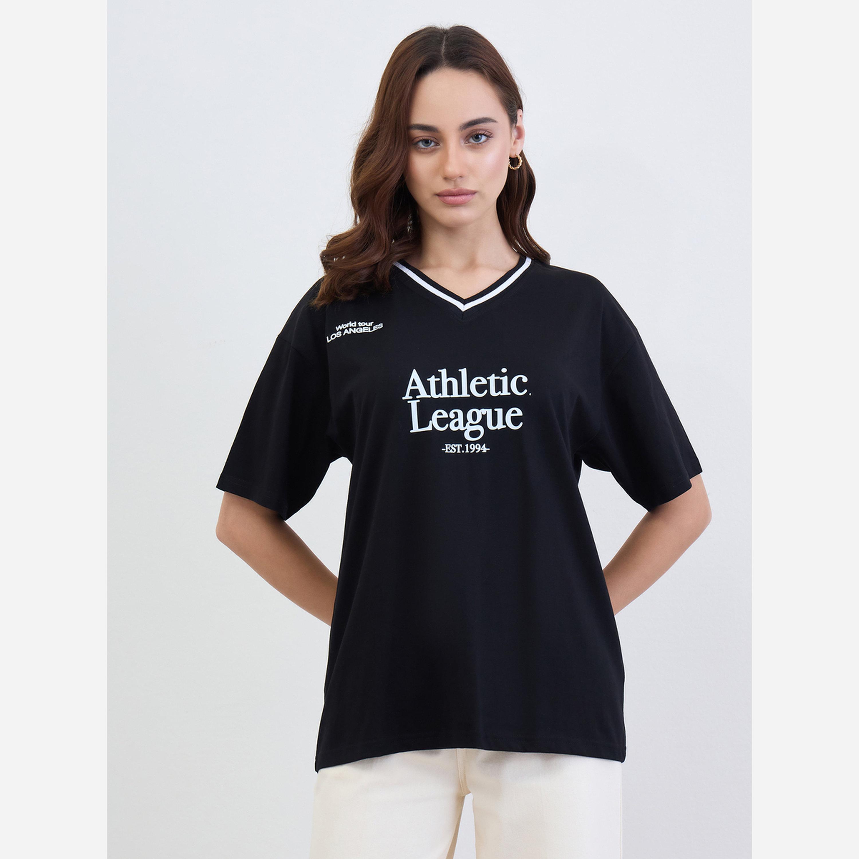 Styli Black Oversized Varsity Slogan T-Shirt-women-clothing-tshirts-image-3