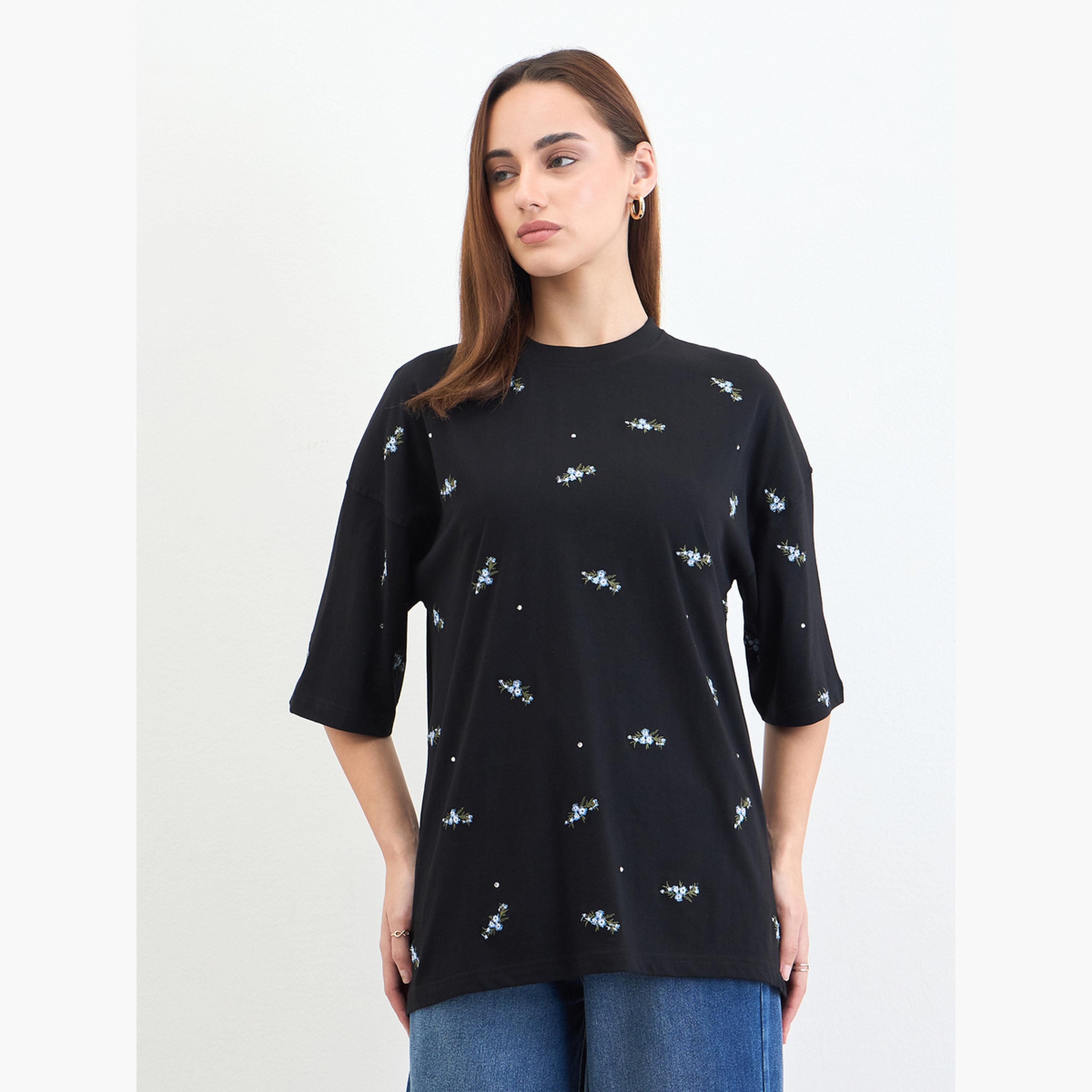 Styli Black Embroidered Sequined Oversized T-Shirt-women-clothing-tshirts-image-1