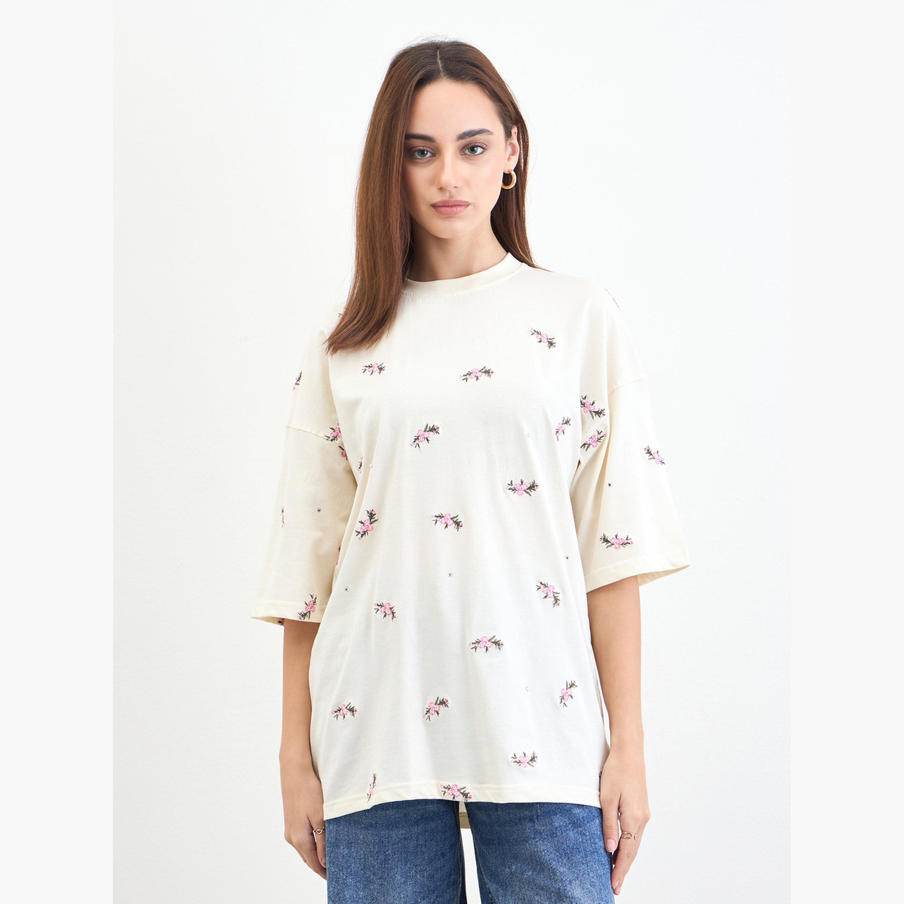 Styli Cream Embroidered Sequined Oversized T-Shirt-women-clothing-tshirts-image-1