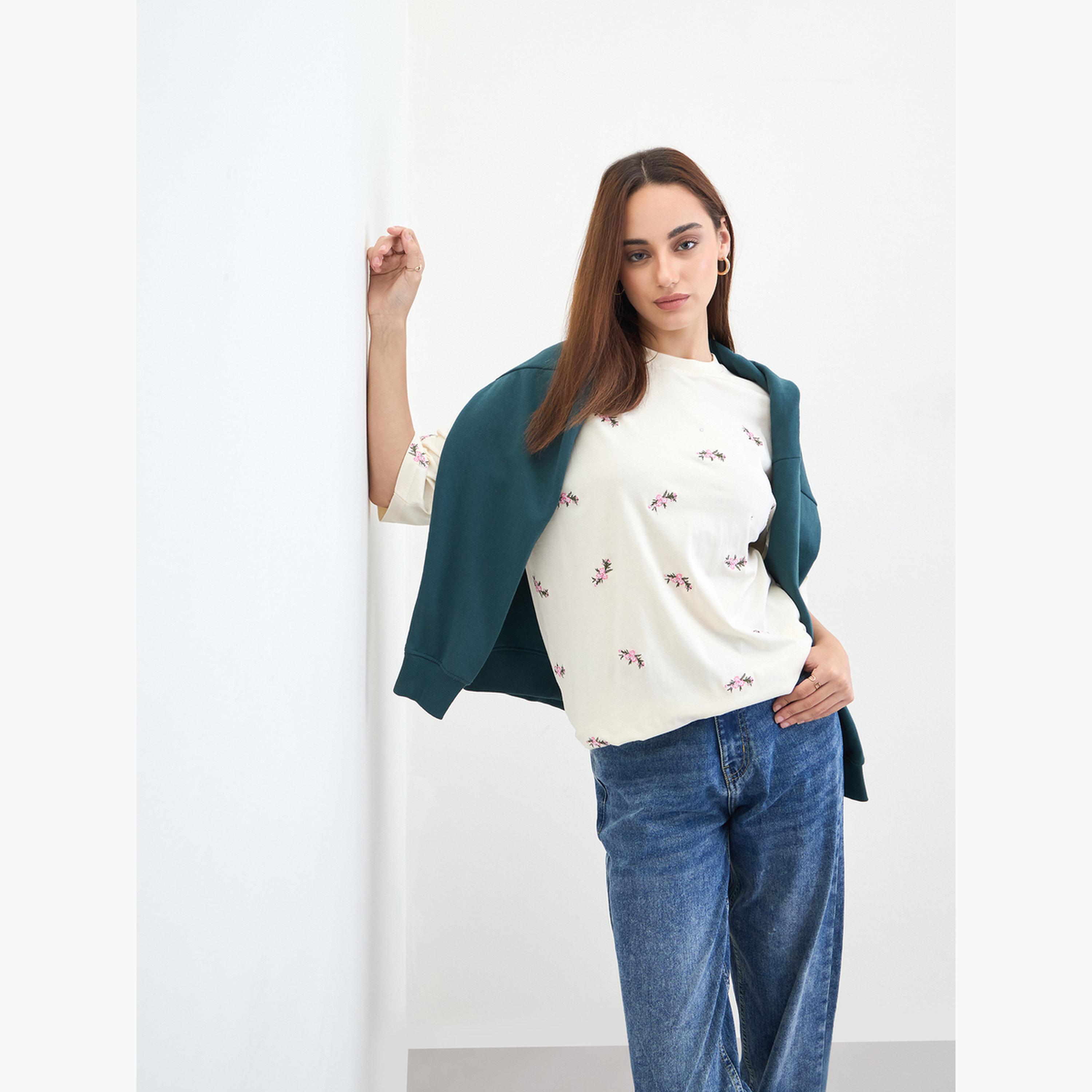 Styli Cream Embroidered Sequined Oversized T-Shirt-women-clothing-tshirts-image-3