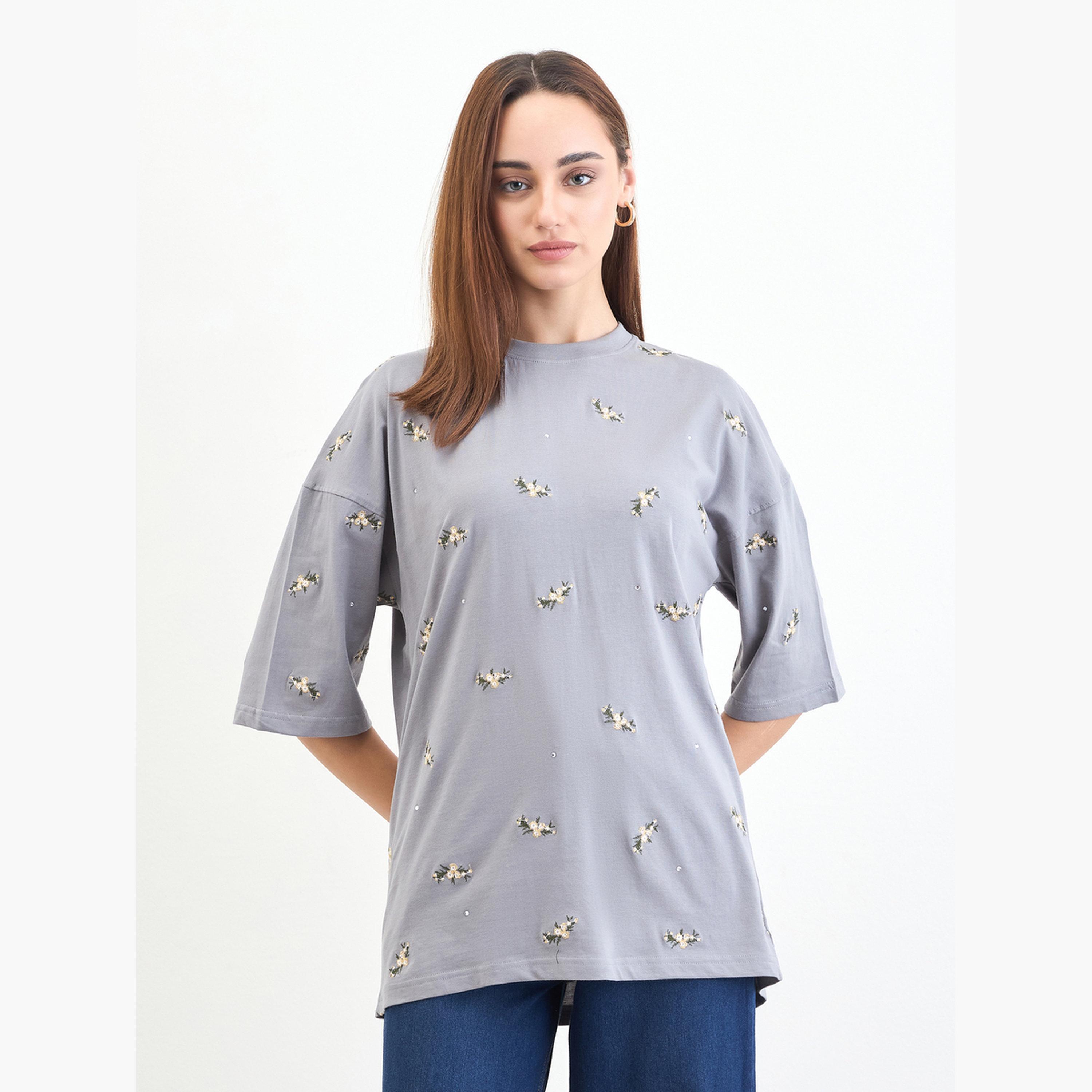 Styli Grey Embroidered Sequined Oversized T-Shirt-women-clothing-tshirts-image-1