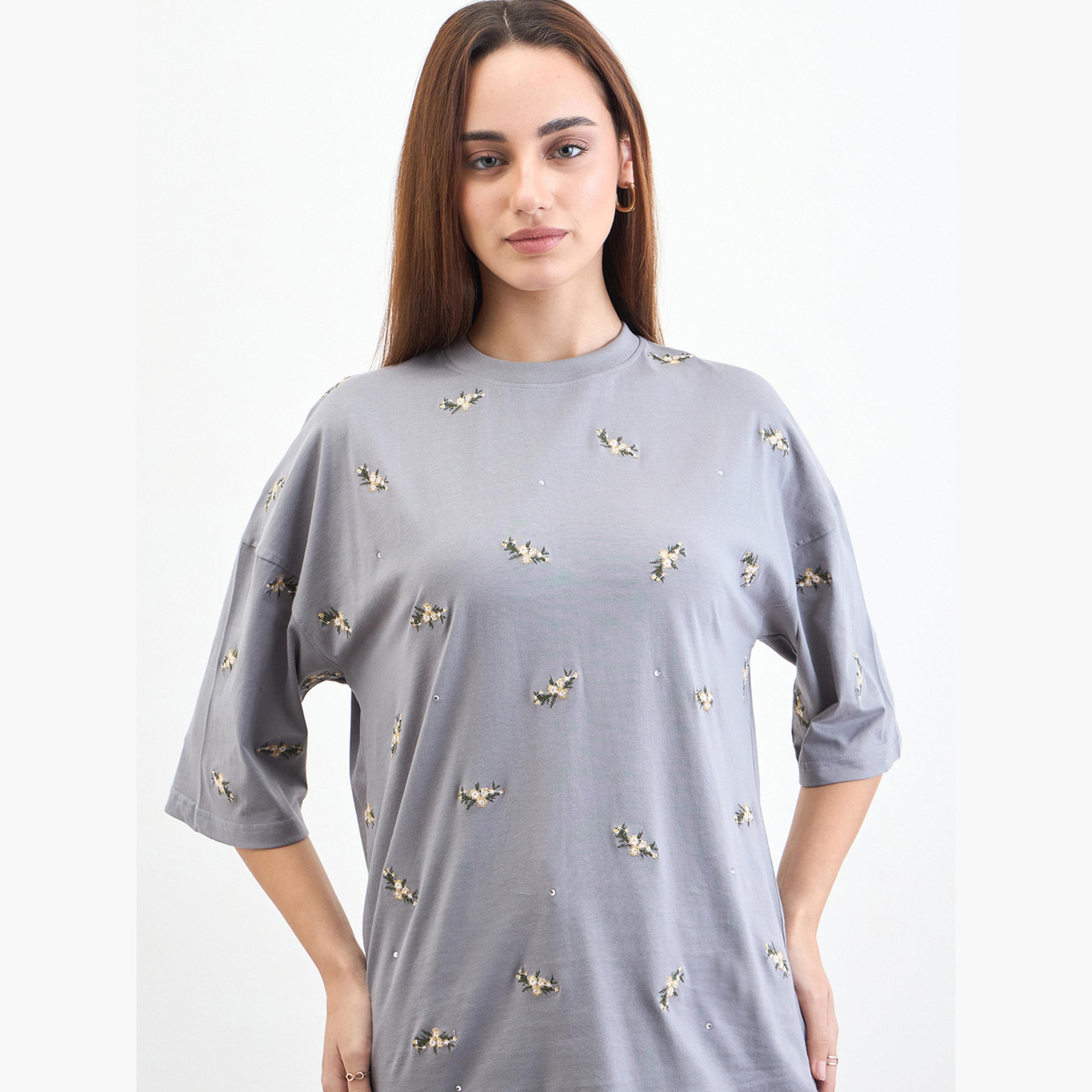 Styli Grey Embroidered Sequined Oversized T-Shirt-women-clothing-tshirts-image-4