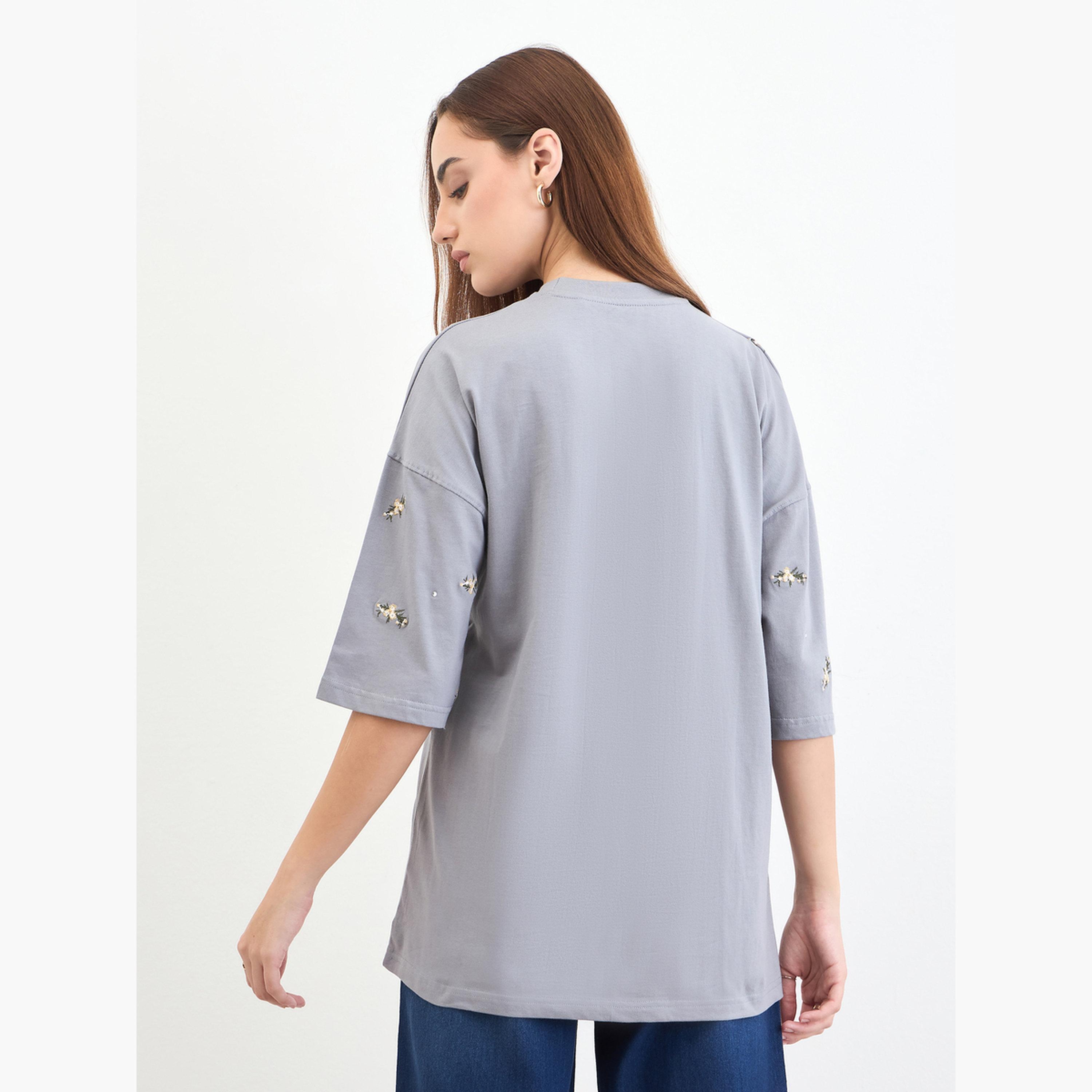 Styli Grey Embroidered Sequined Oversized T-Shirt-women-clothing-tshirts-image-5