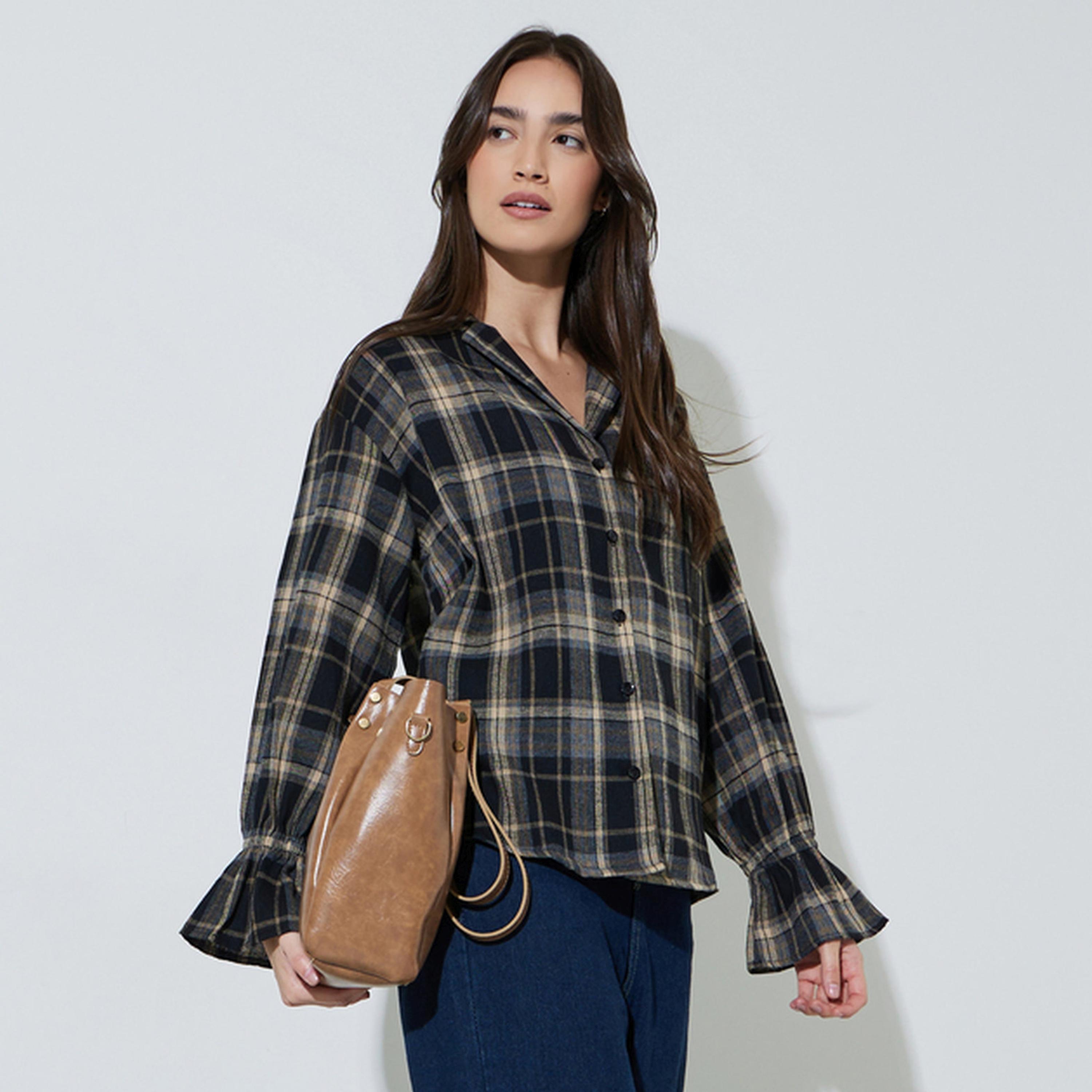 Styli Black Checked Print Long Sleeve Shirt-women-clothing-shirtsandblouses-shirts-image-1