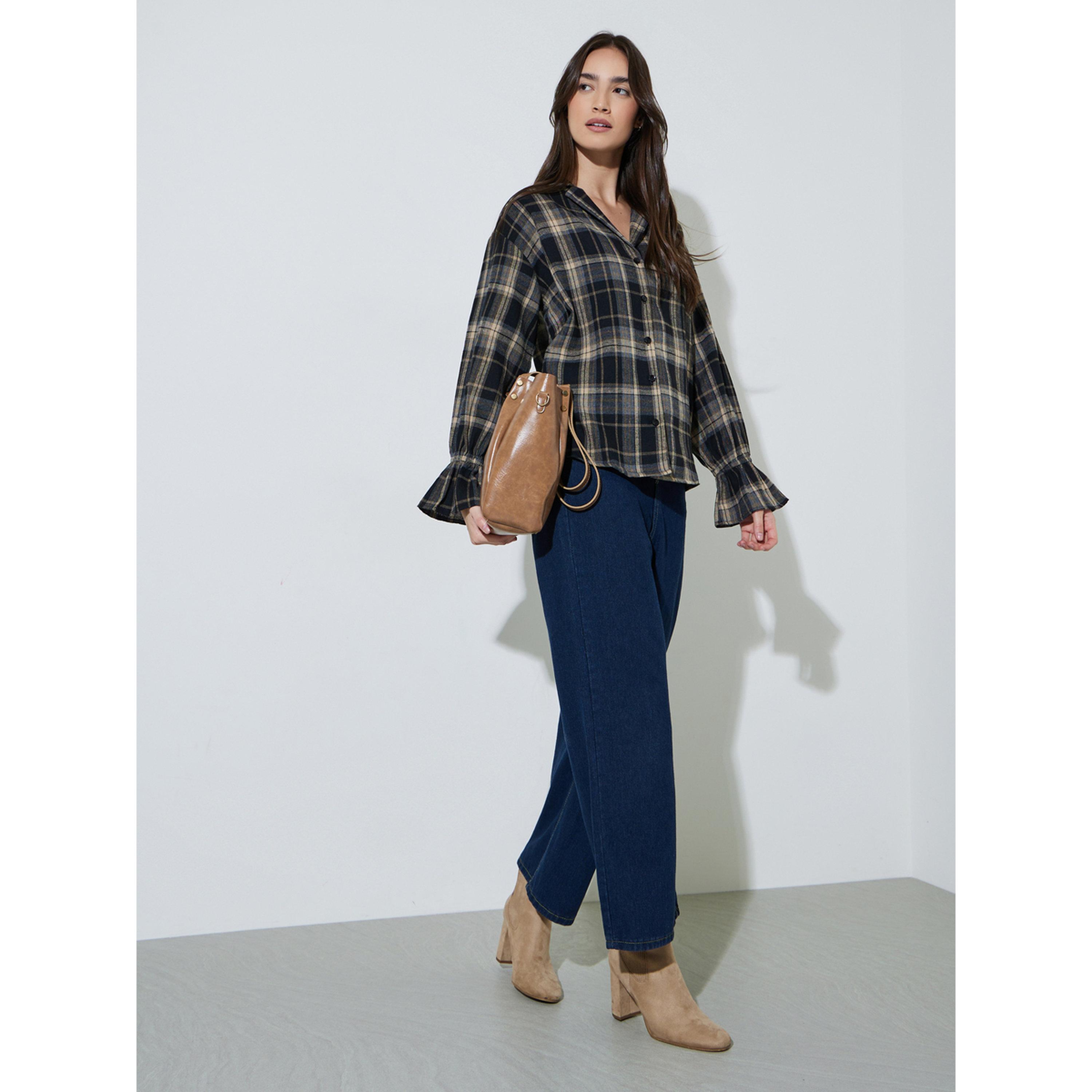 Styli Black Checked Print Long Sleeve Shirt-women-clothing-shirtsandblouses-shirts-image-2