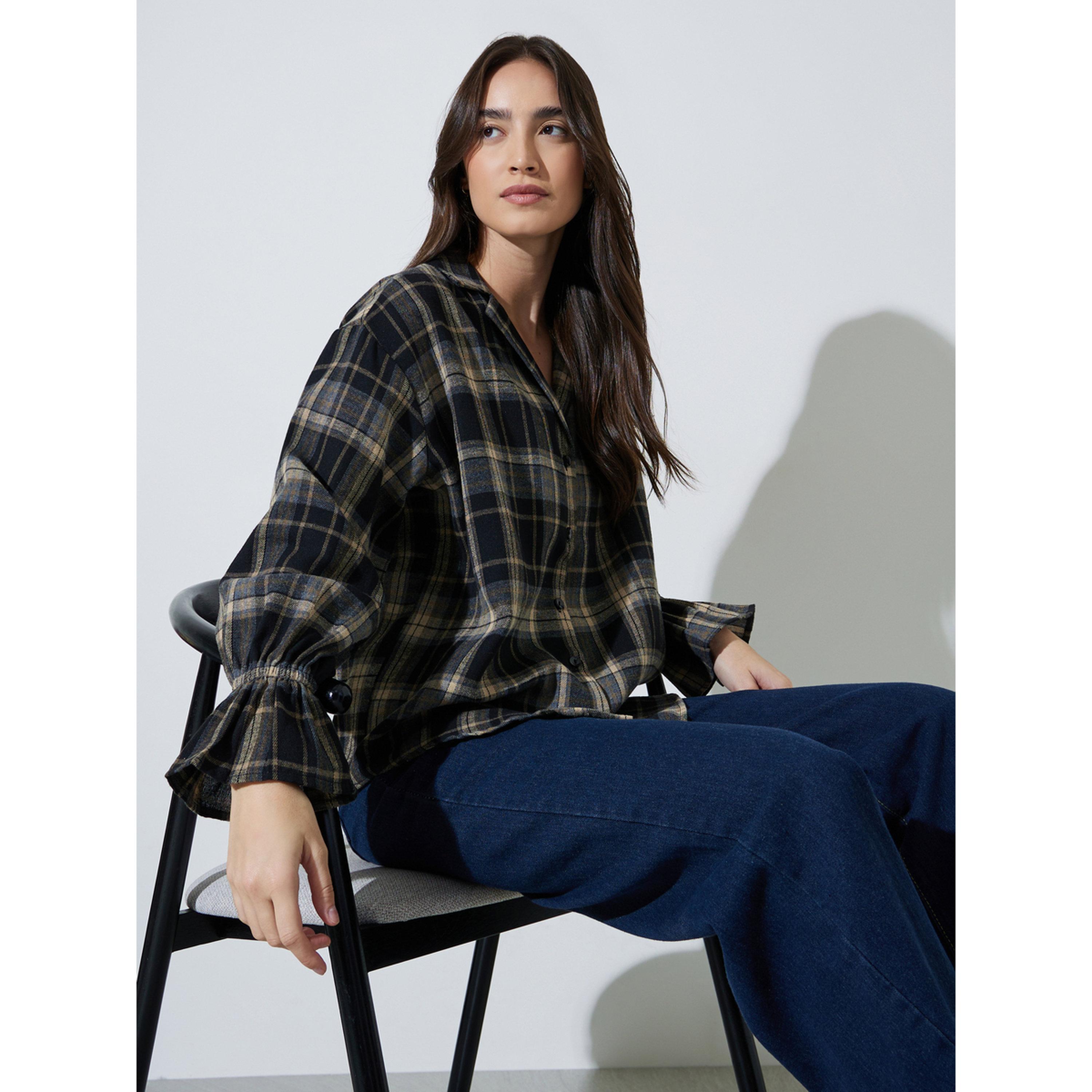 Styli Black Checked Print Long Sleeve Shirt-women-clothing-shirtsandblouses-shirts-image-3