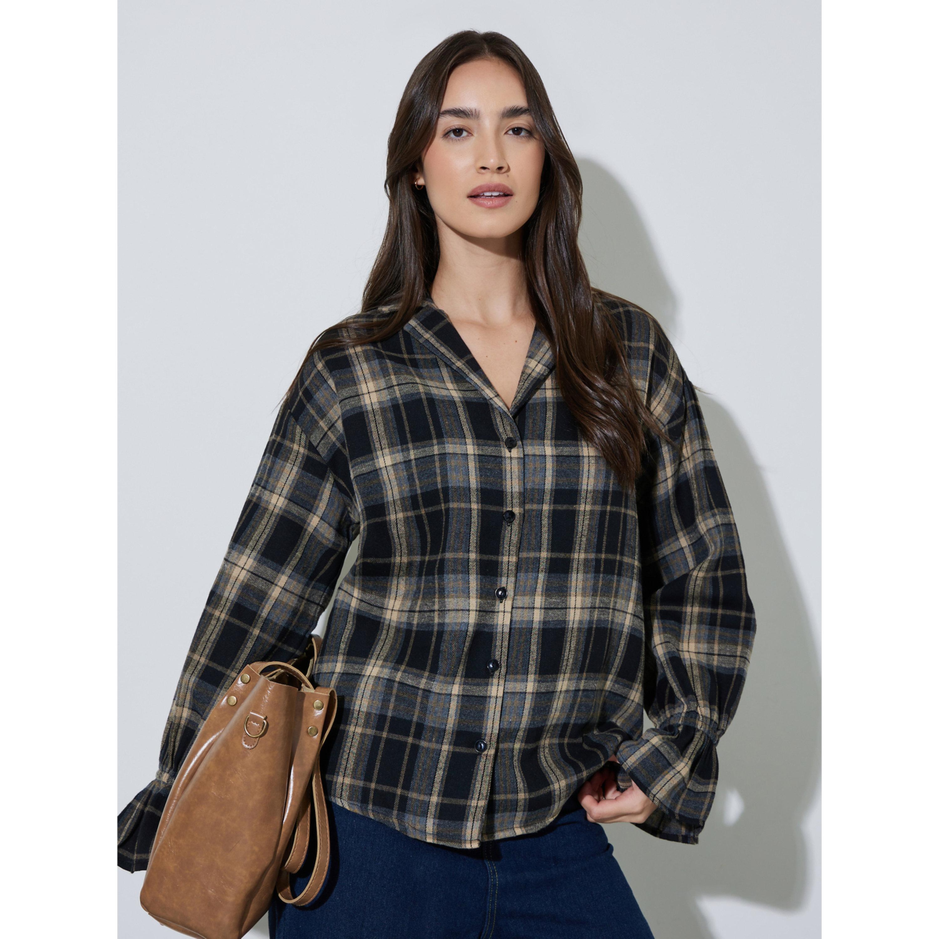 Styli Black Checked Print Long Sleeve Shirt-women-clothing-shirtsandblouses-shirts-image-5