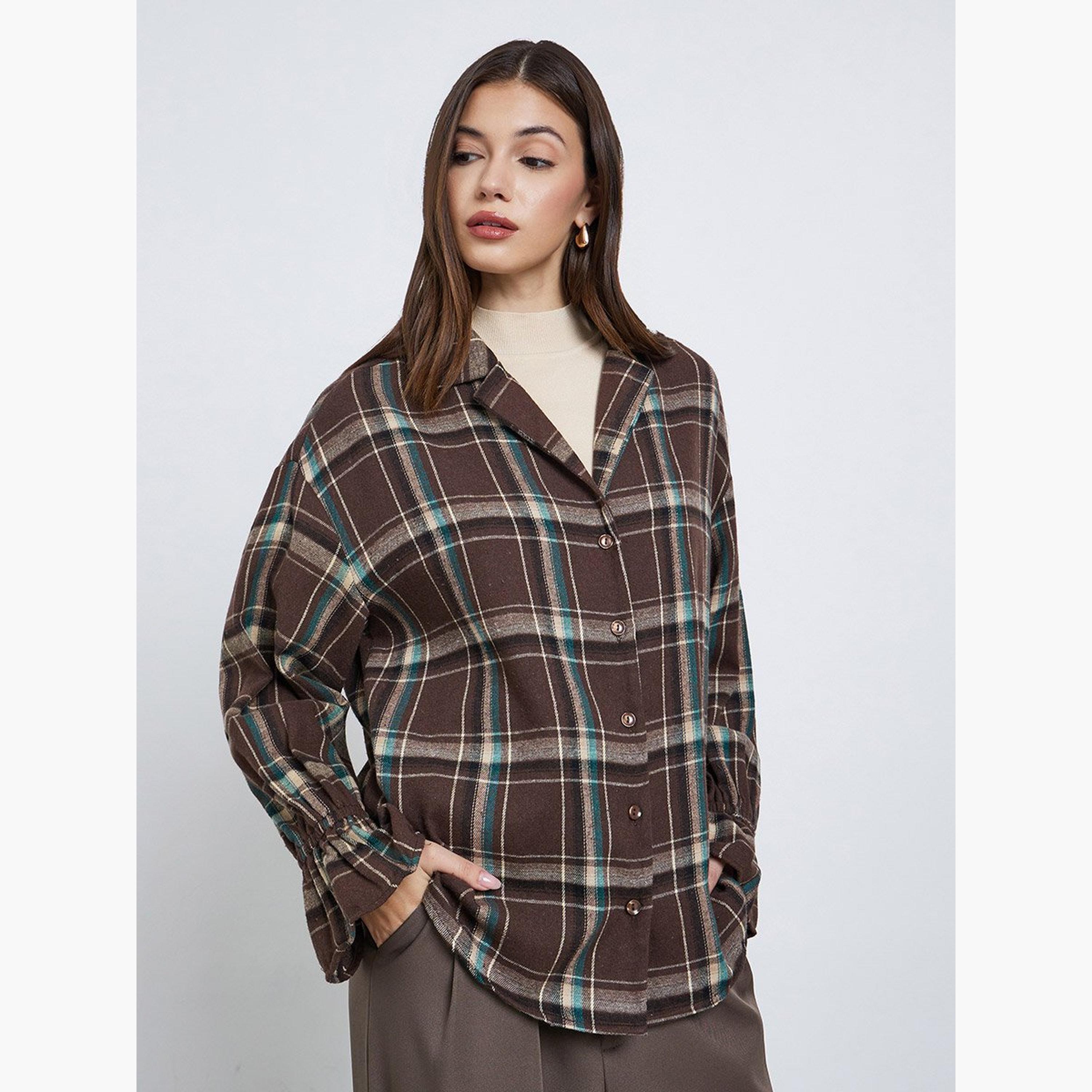 Styli Brown Checked Print Long Sleeve Shirt-women-clothing-shirtsandblouses-shirts-image-1
