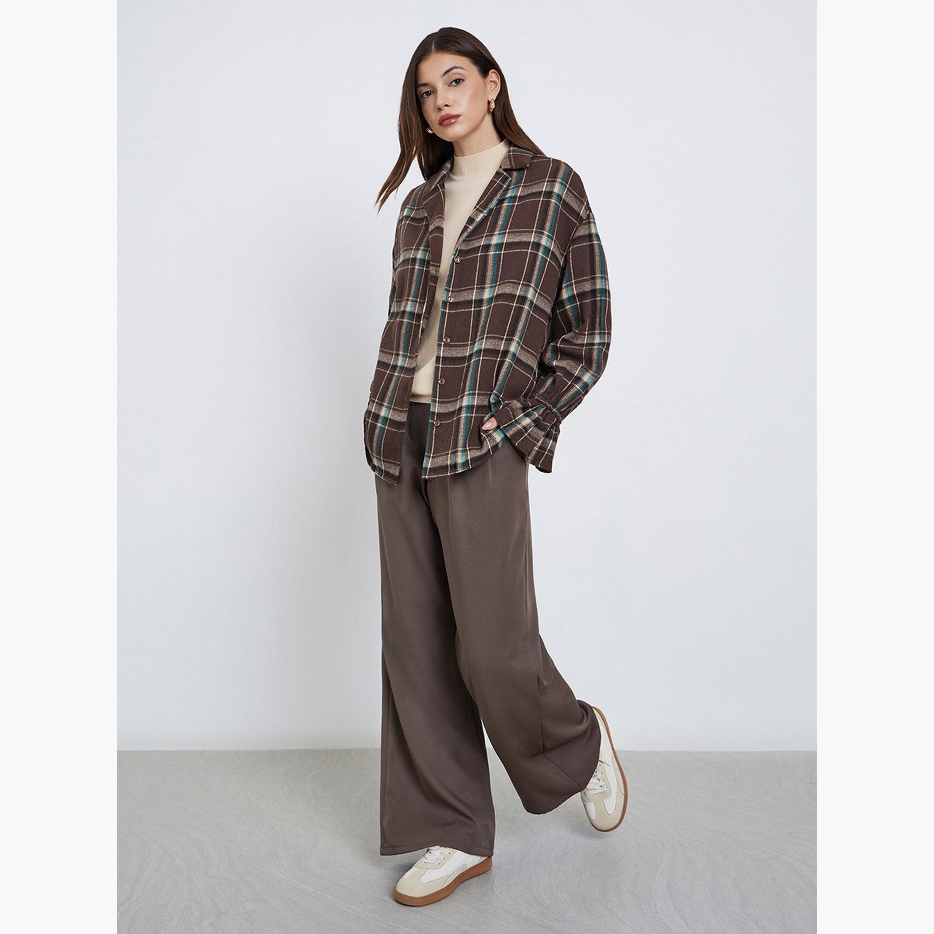 Styli Brown Checked Print Long Sleeve Shirt-women-clothing-shirtsandblouses-shirts-image-2