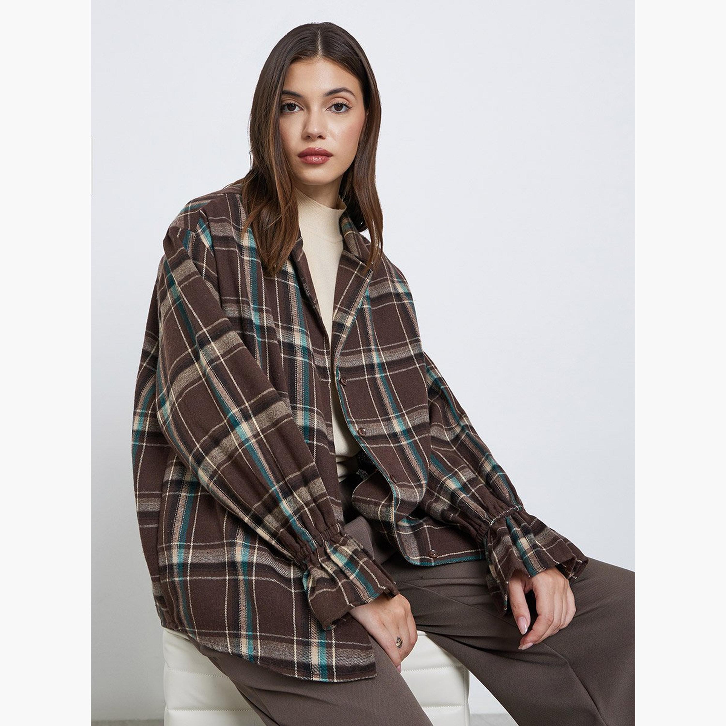 ستايلي - قميص بني منقوش بأكمام طويلة-women-clothing-shirtsandblouses-shirts-image-3