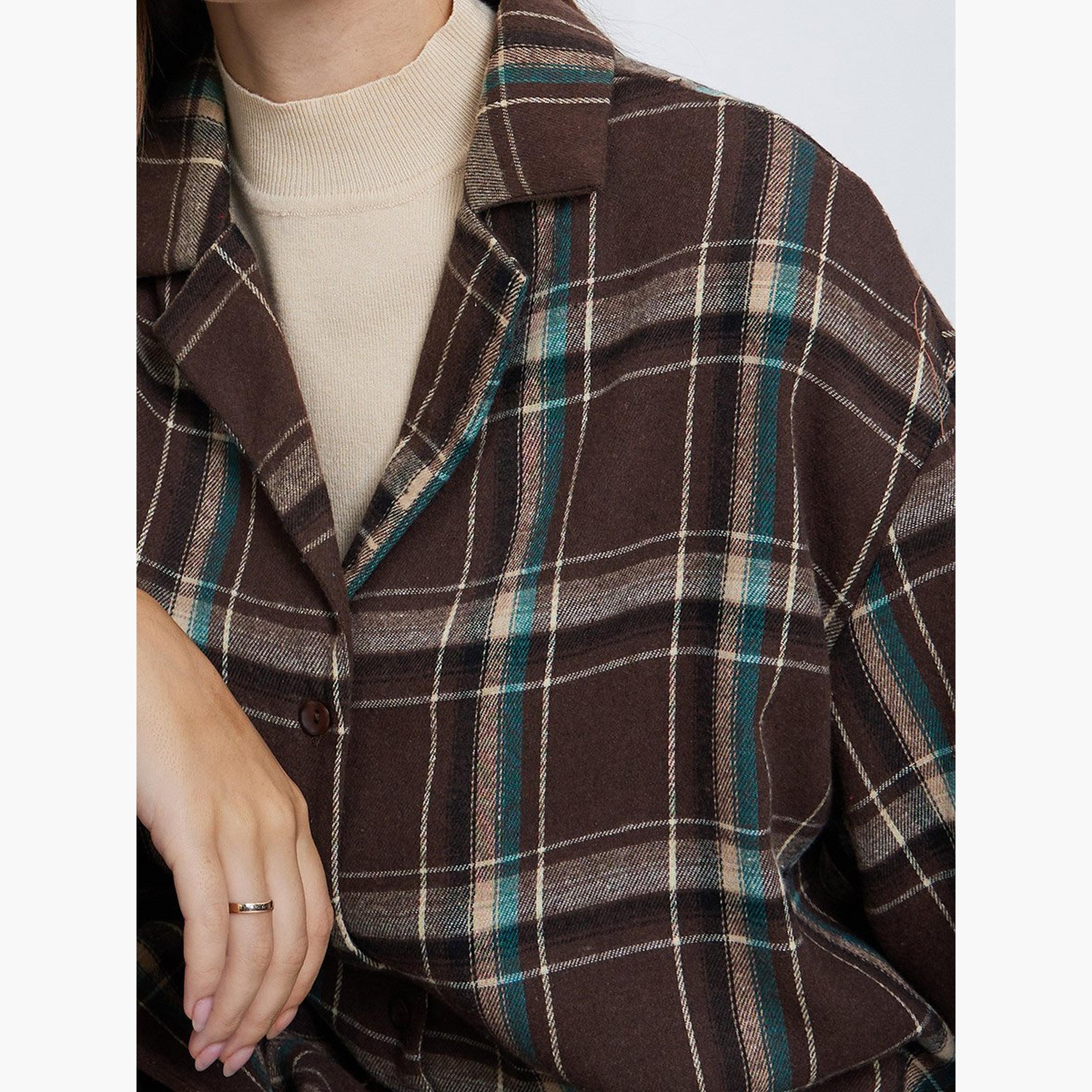 Styli Brown Checked Print Long Sleeve Shirt-women-clothing-shirtsandblouses-shirts-image-4
