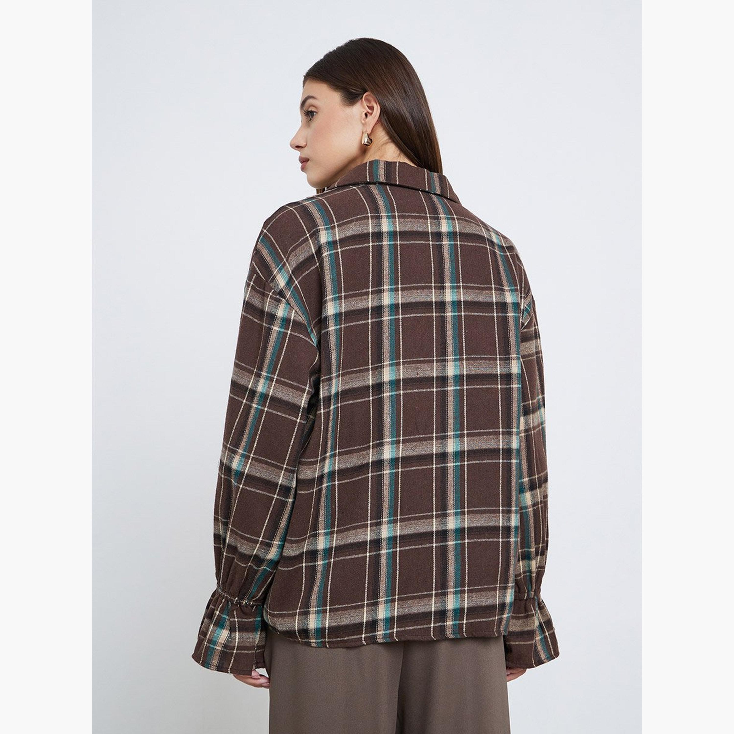Styli Brown Checked Print Long Sleeve Shirt-women-clothing-shirtsandblouses-shirts-image-5
