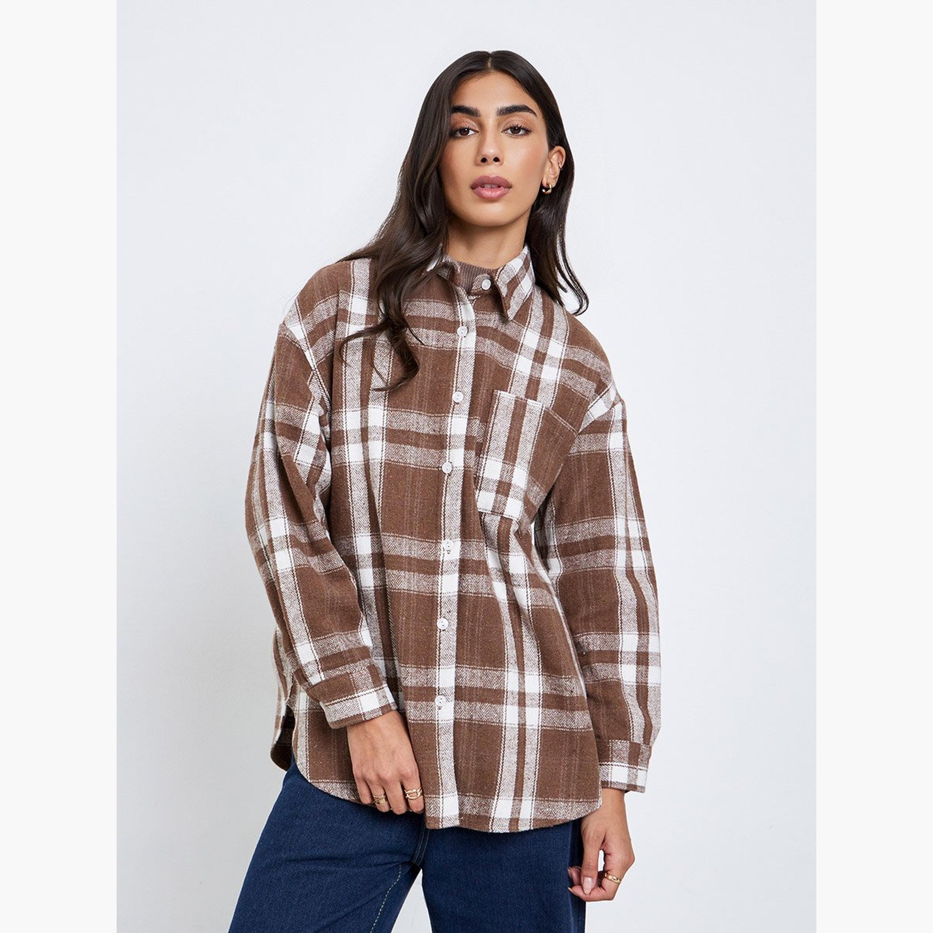 ستايلي - قميص مقاس كبير بأكمام طويلة ومنقوش-women-clothing-shirtsandblouses-shirts-image-1
